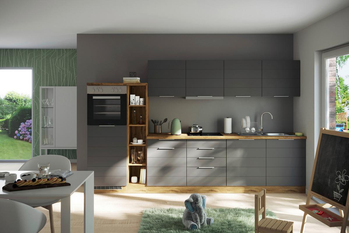 Küchenblock Florenz mit Geräten ca. 330 cm Grau/Eiche - Eiche Wotan/Grau, Design, Holzwerkstoff/Metall (330cm) - Held