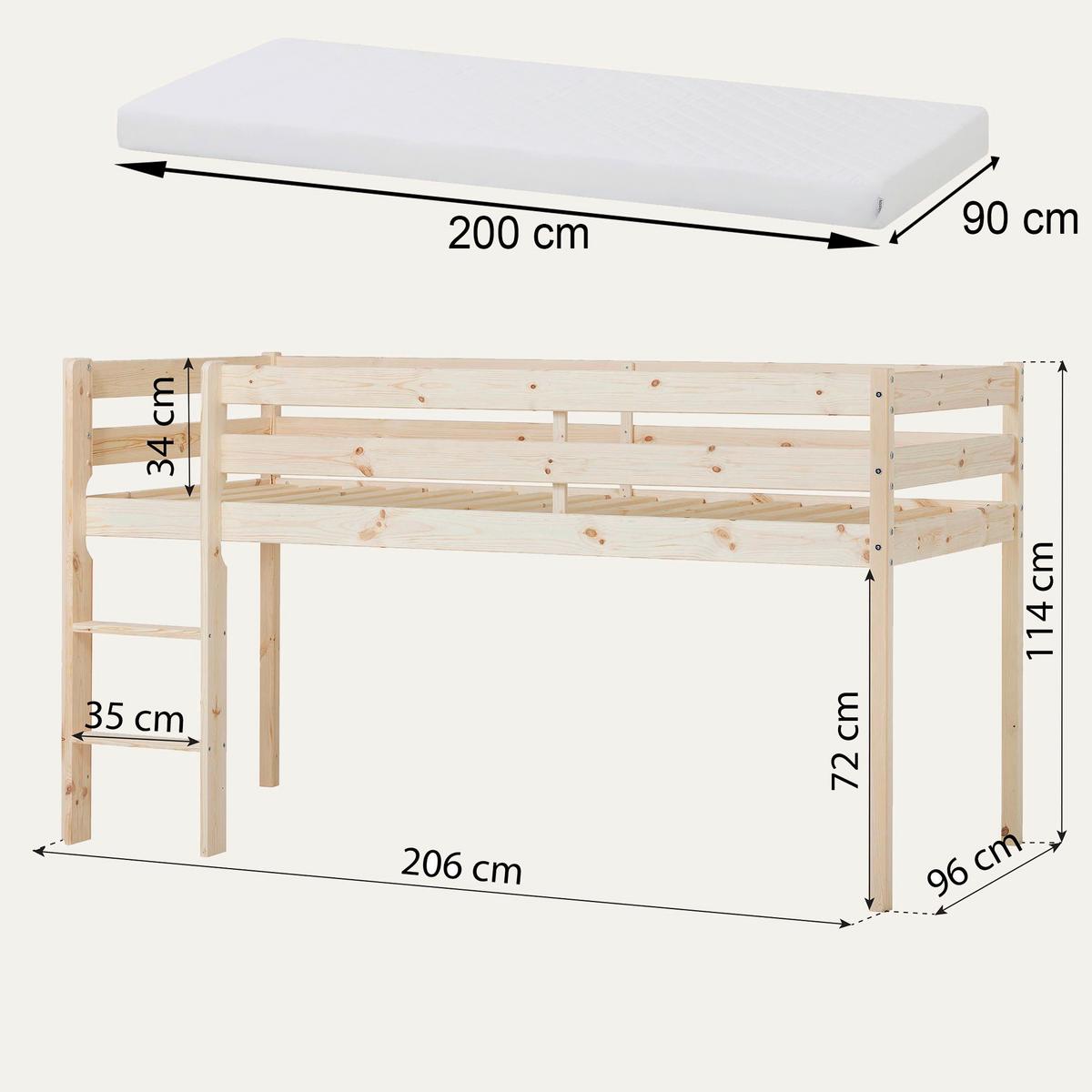 Hochbett ECO COMFORT Kieferfarben ca. 90x200 cm - Naturfarben/Kieferfarben, MODERN, Holz (90/200cm) - MID.YOU