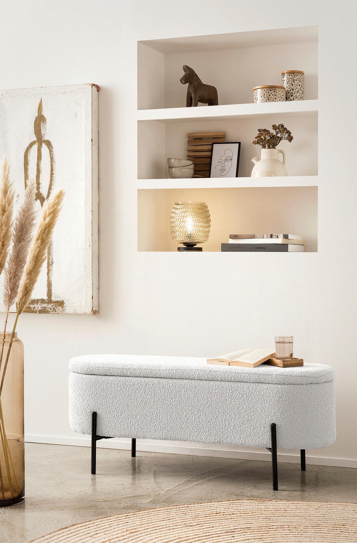 Klop Bouclé, Bela - črna/bela, Moderno, kovina/tekstil (110/44/40cm) - Livetastic