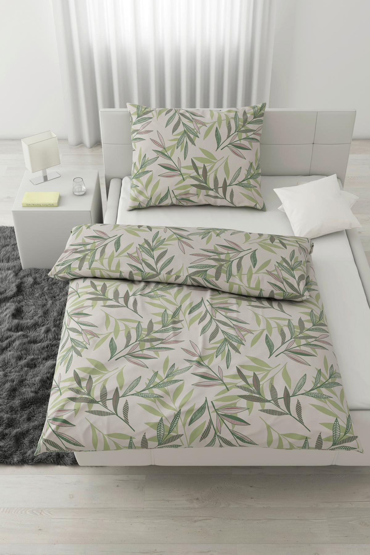 Posteljnina Stitched Leaves - zelena/bež, tekstil (140/200cm) - Modern Living
