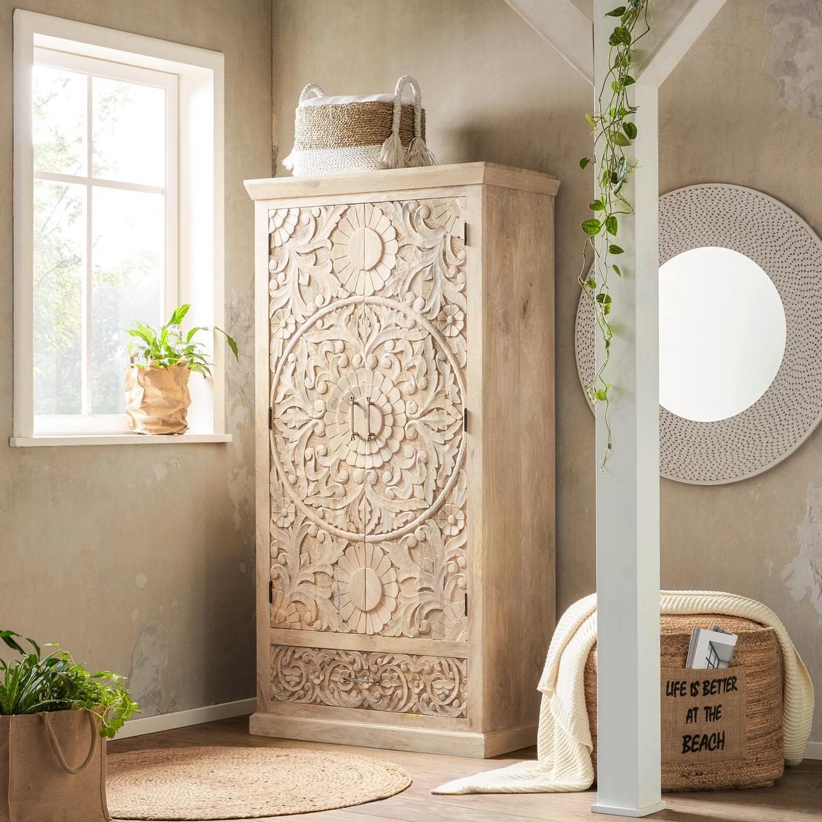 Schrank Ayda aus Mangoholz massiv - Messingfarben/Naturfarben, ROMANTIK / LANDHAUS, Holz/Metall (90/175/45cm) - Zandiara