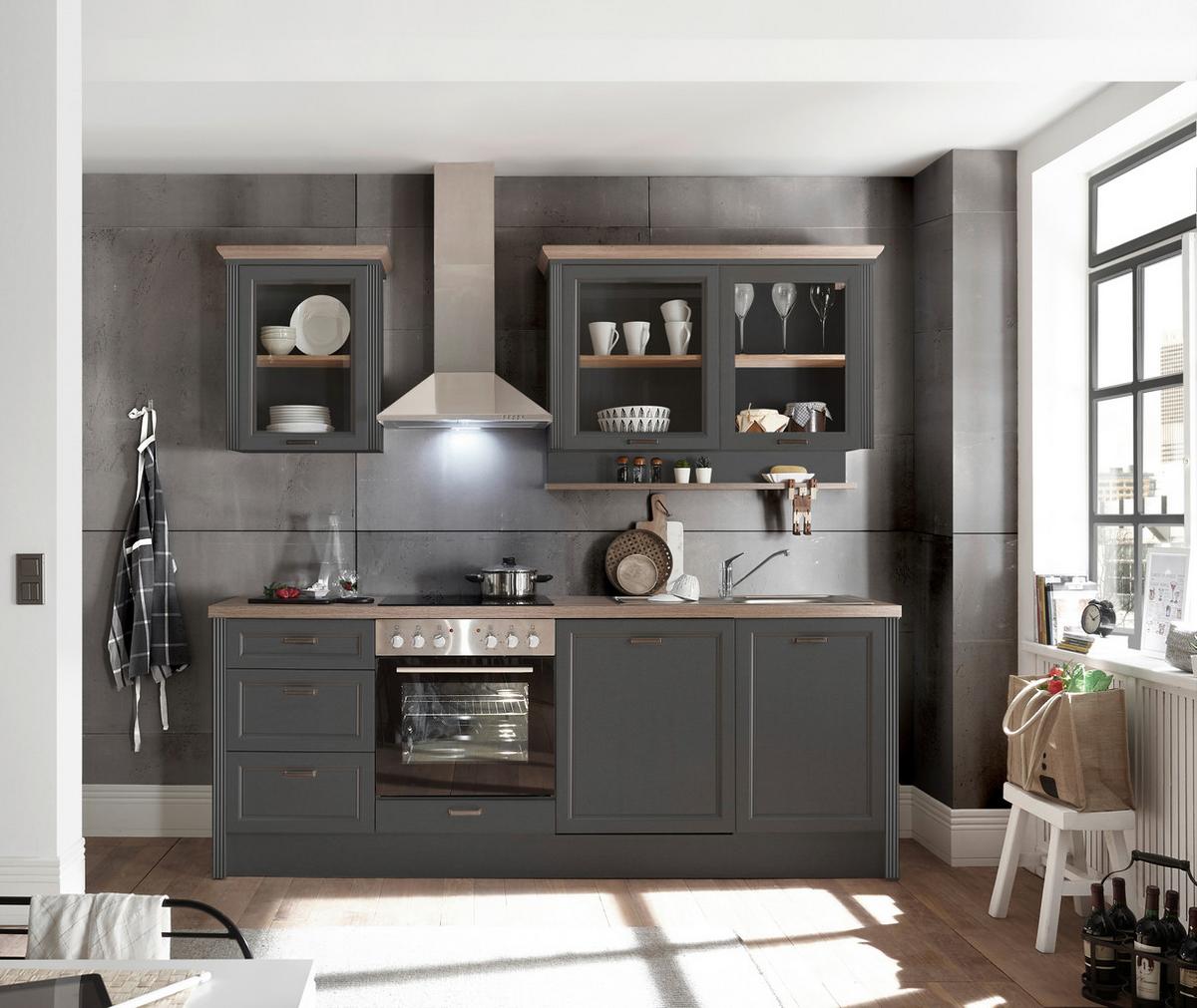 Küchenblock Jasmin mit Geräten ca. 235 cm Anthrazit/Eiche - Anthrazit/Eiche Artisan, LIFESTYLE, Glas/Holzwerkstoff (235cm) - P & B