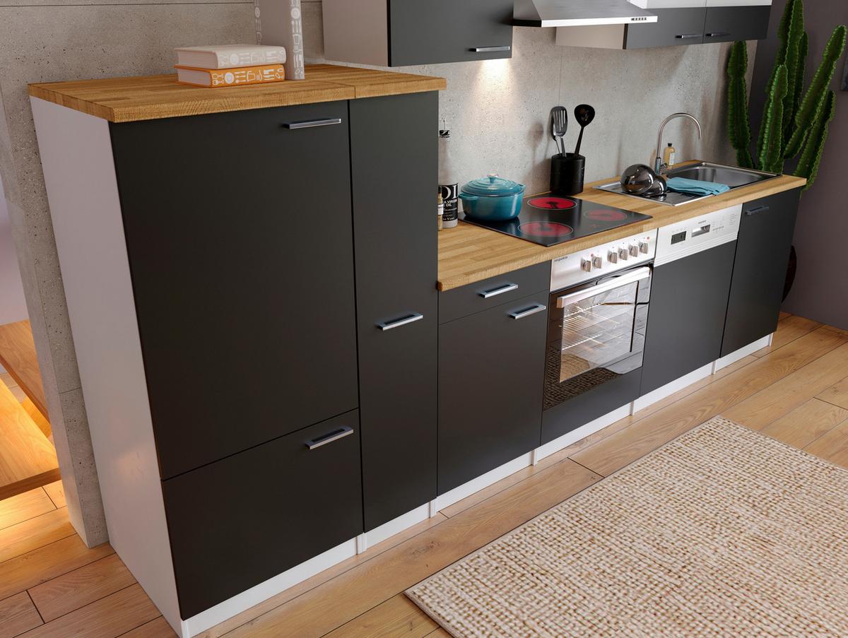 Küchenleerblock LBKB310WSG Schwarz/Weiß ca. 310 cm - Edelstahlfarben/Nussbaumfarben, Basics, Holzwerkstoff/Metall (310cm) - Respekta