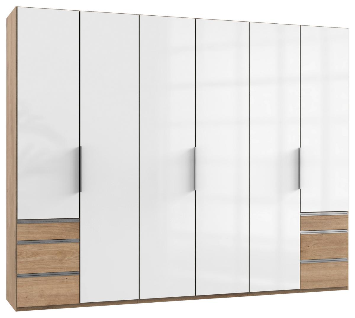 Drehtürenschrank Level 36D mit Laden ca. 300 cm Eiche/Weiß - Chromfarben/Weiß Hochglanz, MODERN, Holzwerkstoff/Metall (300/236/58cm) - MID.YOU