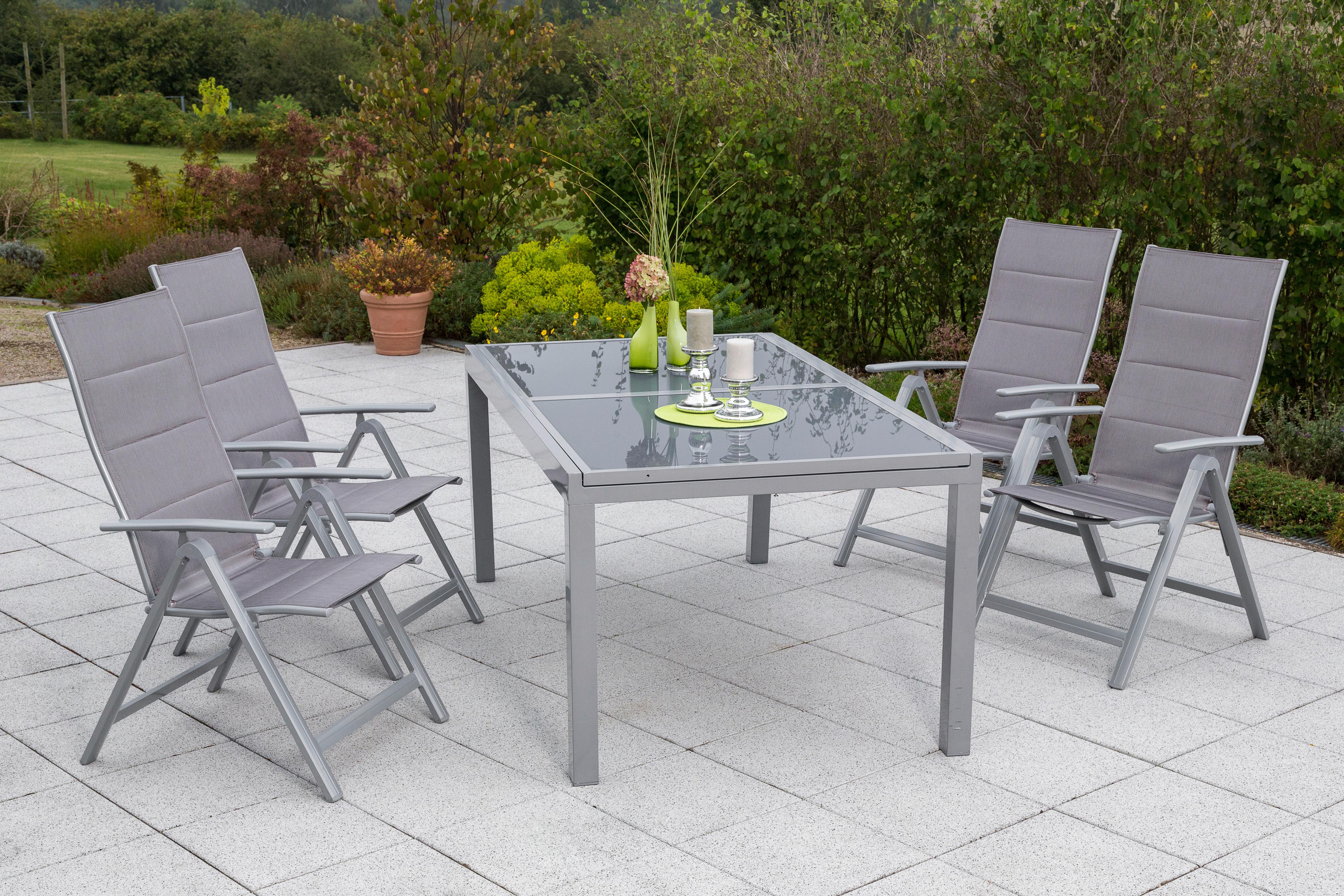 Gartengarnitur 5-tlg. Taviano Metall/Textil/Glas - Silberfarben/Braun, ROMANTIK / LANDHAUS, Glas/Textil - Gardenson