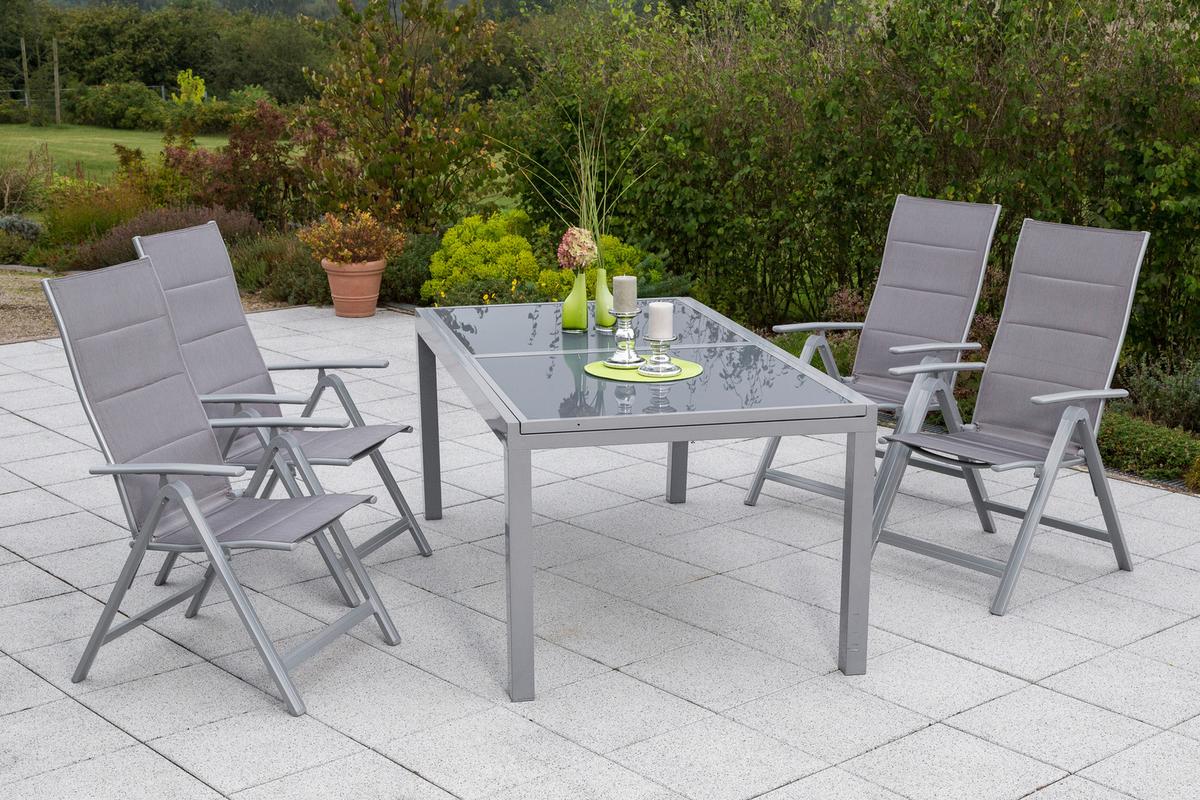 Gartengarnitur 5-tlg. Taviano Metall/Textil/Glas - Silberfarben/Braun, ROMANTIK / LANDHAUS, Glas/Textil - Gardenson