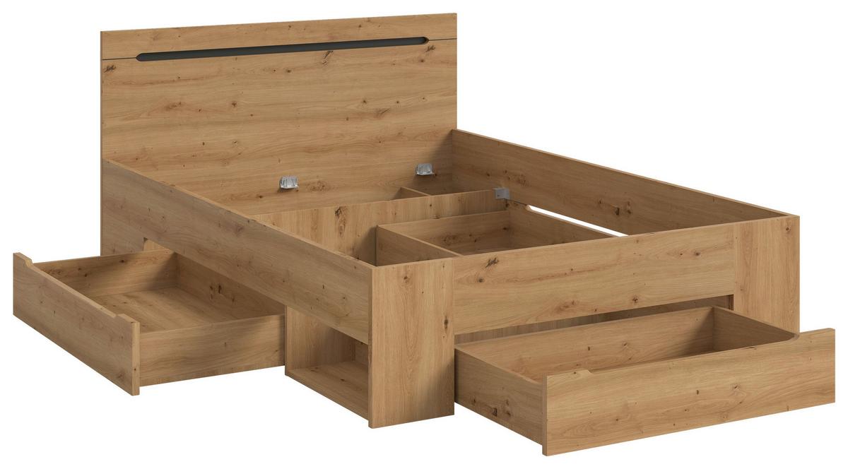 Bett CANU Eiche Artisan ca. 140x200 cm mit Stauraum - Eiche Artisan/Grau, MODERN, Holzwerkstoff (140/200cm) - MID.YOU