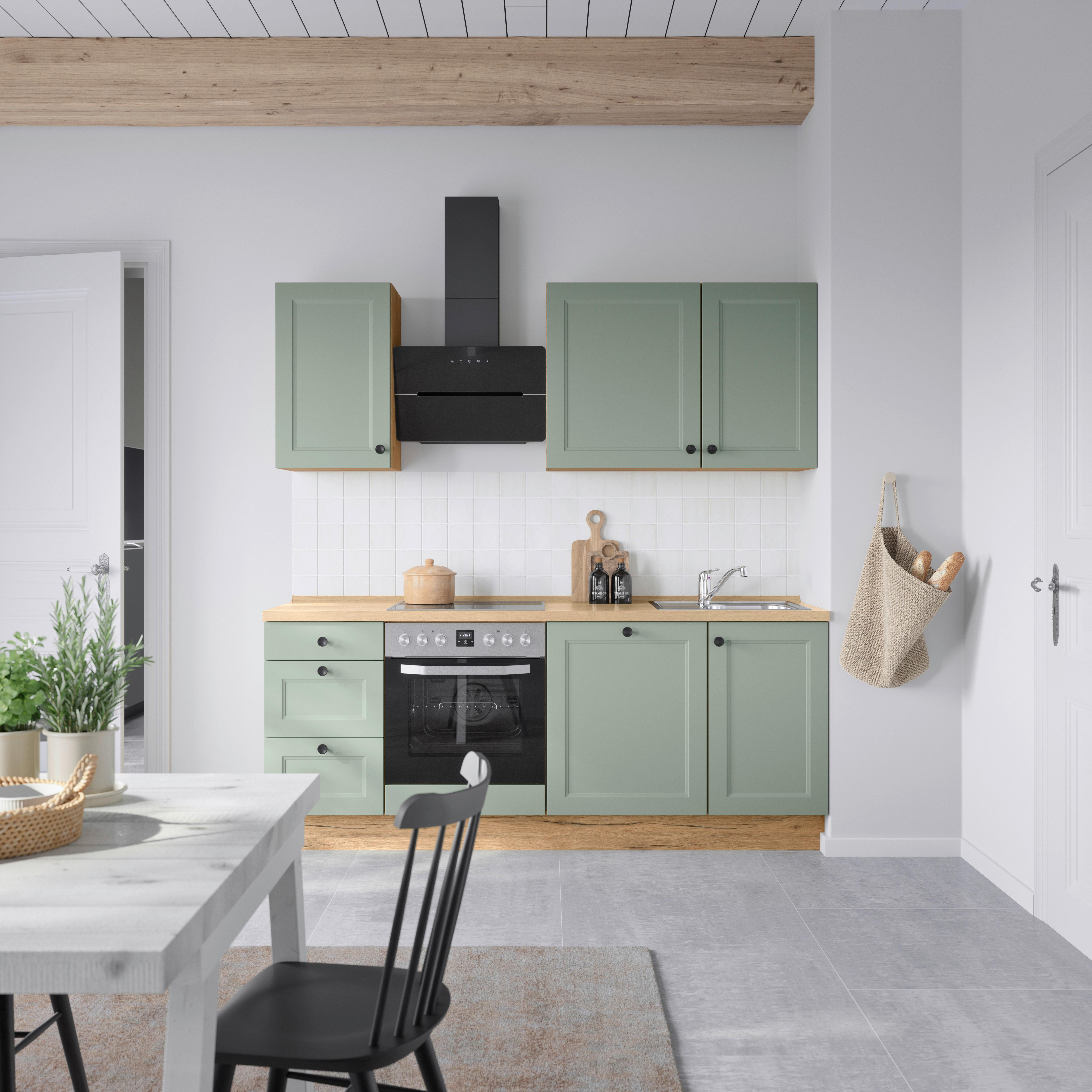 Küchenblock Cascada High m. Geräten Schilfgrün - Schilfgrün/Eichefarben, MODERN, Holzwerkstoff/Metall (210cm) - Nobilia