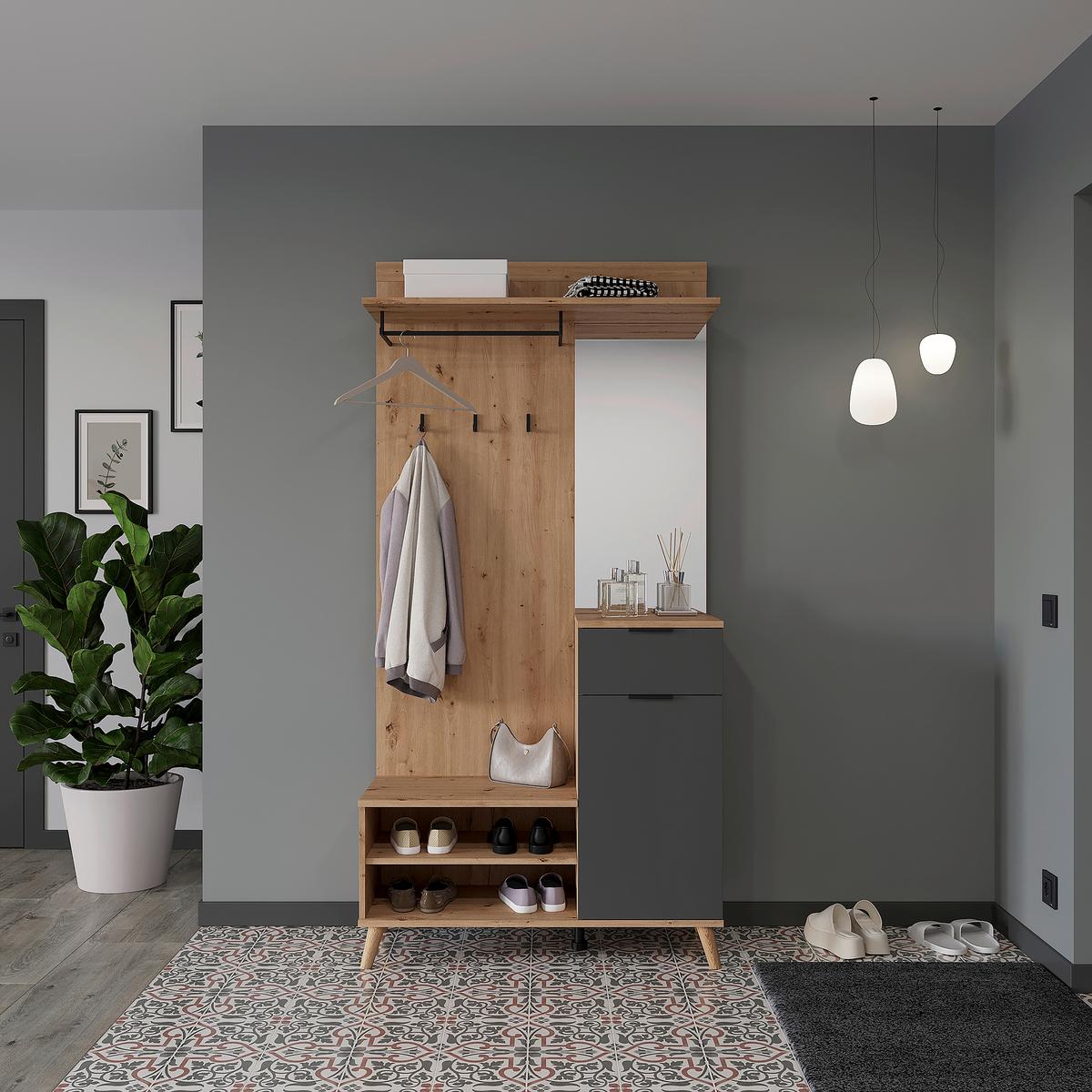 PRZEDPOKÓJ NORDIC - kolor grafitowy/dąb artisan, Design, materiał drewnopochodny/szkło (100/202/40cm) - home24