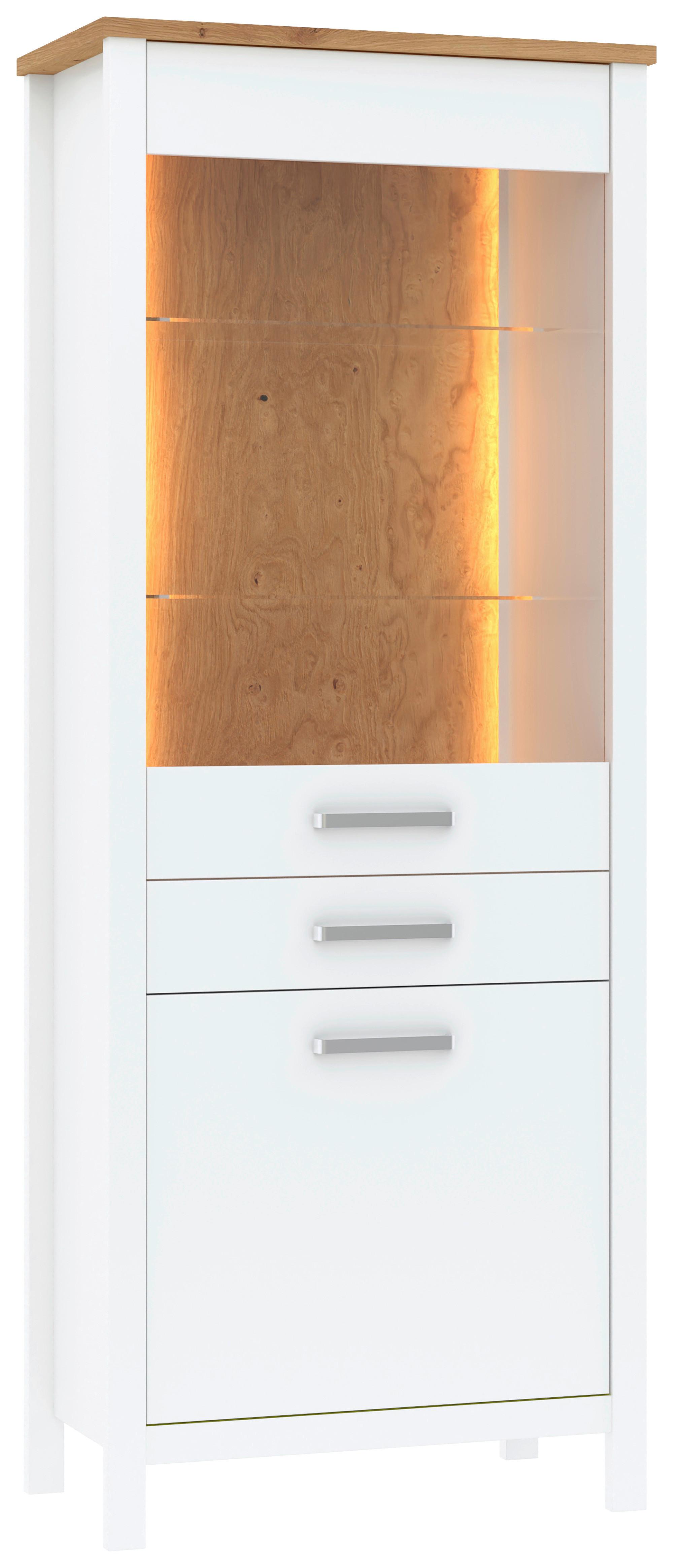 Vitrine Sicilia Weiß/Eiche - Silberfarben/Weiß, ROMANTIK / LANDHAUS, Glas/Holzwerkstoff (80/205/45cm) - Mömax