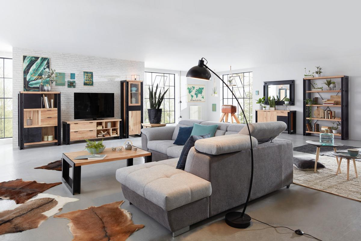 Vitrina Construction - črna/naravne barve, Trendi, kovina/steklo (60/180/40cm) - Zandiara