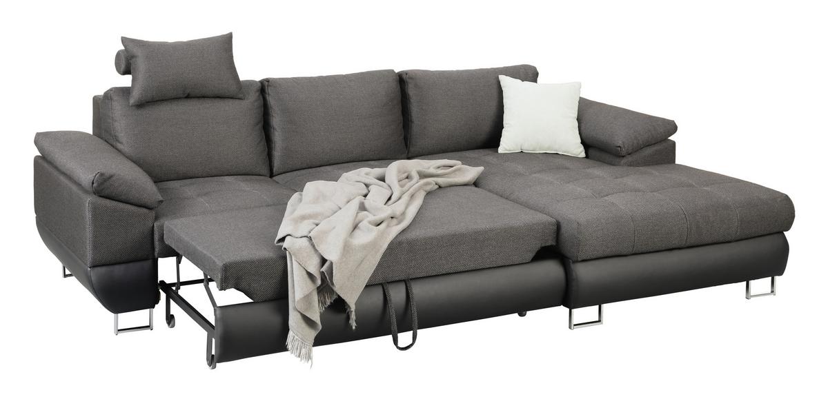 Wohnlandschaft Focus Grau mit Bettfunktion - Chromfarben/Dunkelgrau, KONVENTIONELL, Kunststoff/Textil (268/91/170cm) - Mömax