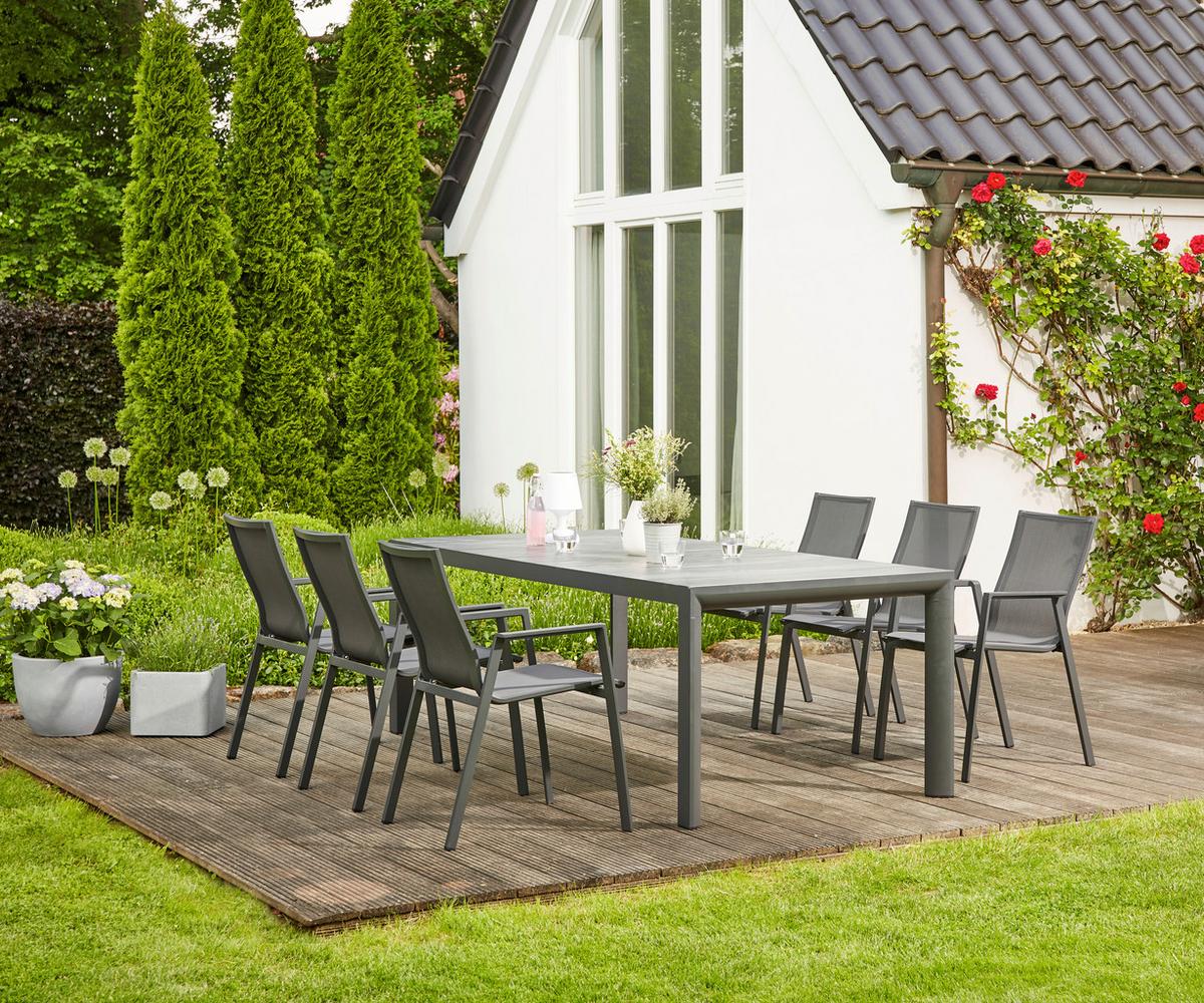 GARTENTISCHGRUPPE RENO SET + SILVA 7TLG - Anthrazit, MODERN, Keramik/Metall (100/88/220cm) - Siena Garden