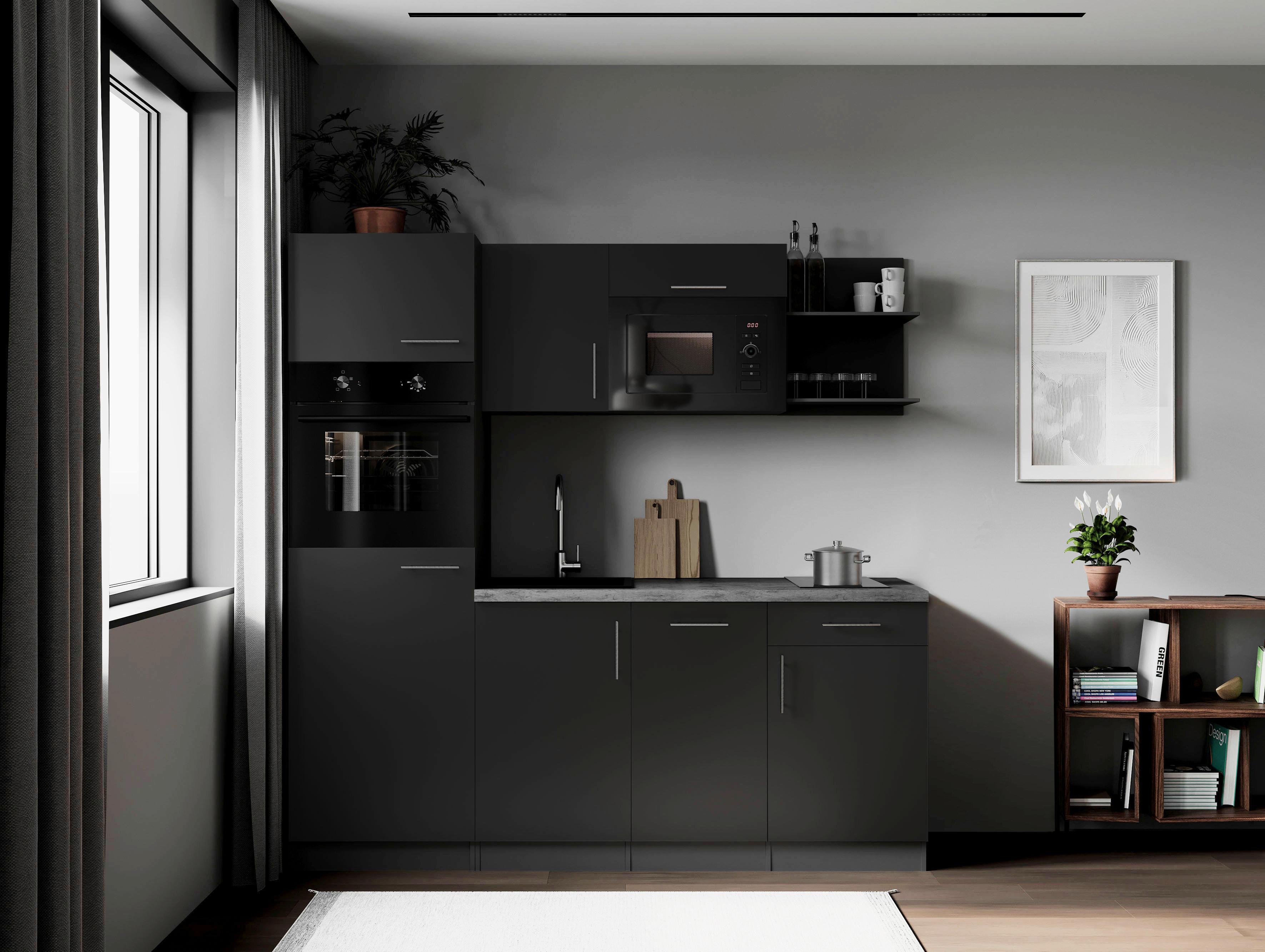 Küchenblock Oliver m. Geräten Schwarz - Schwarz/Grau, Trend, Holzwerkstoff/Metall (205cm) - Respekta