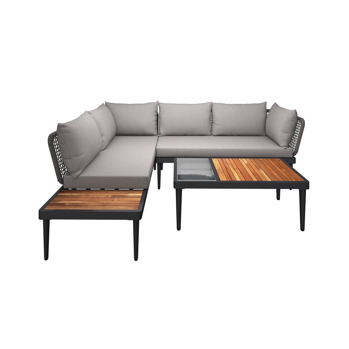 Lounge Garnitura Basel, Siva, Akacija, 3-Delno - siva/naravne barve, Moderno, kovina/steklo (186/150cm) - Beldano
