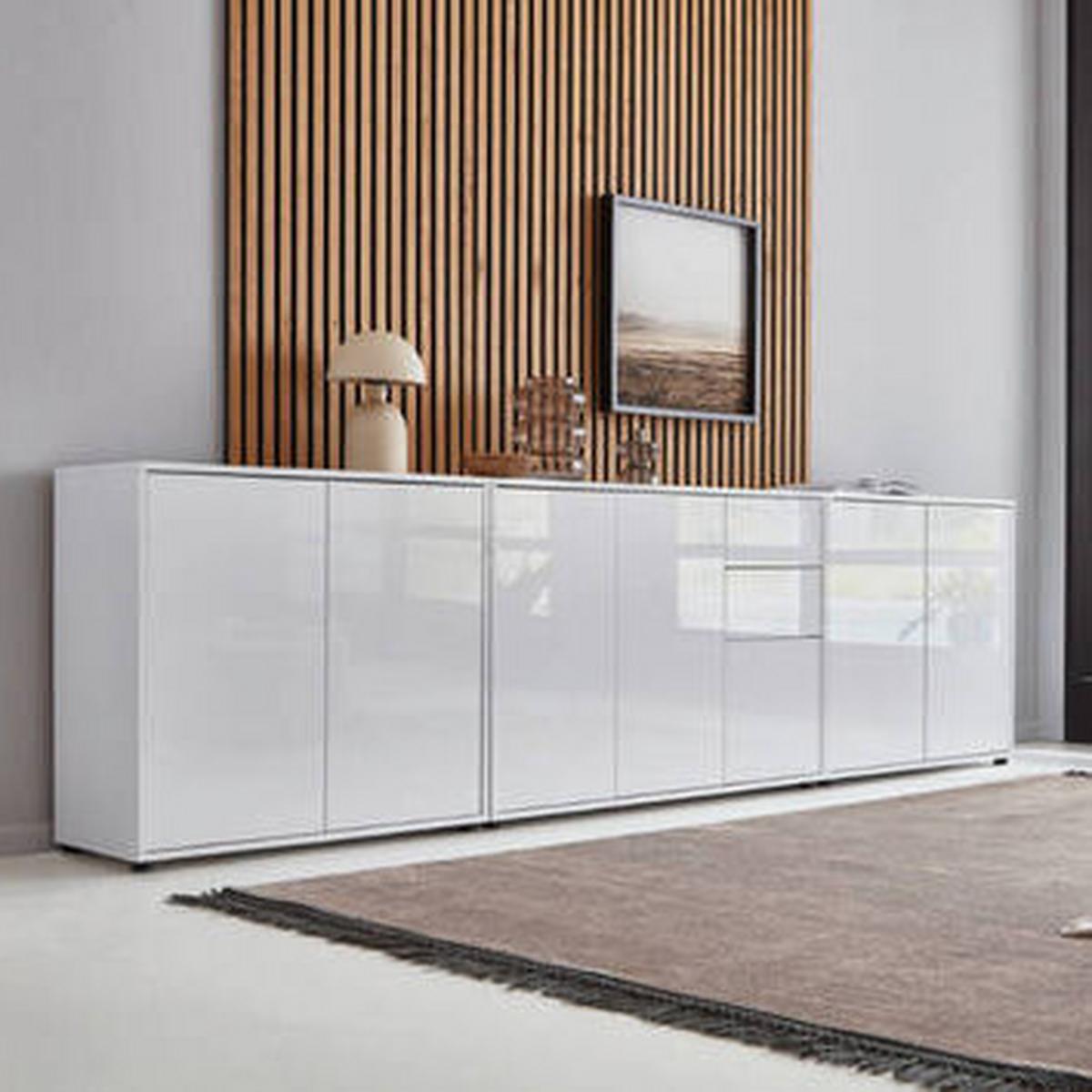Sideboard Mailand Set 6 Weiß - Weiß Hochglanz/Schwarz, MODERN, Holzwerkstoff/Kunststoff (263,5/73/33cm) - MID.YOU