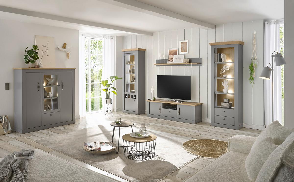 Wohnwand Chambord Eichefarben/Hellgrau - Eichefarben/Silberfarben, Design, Holzwerkstoff/Metall (317/201/44cm) - MID.YOU