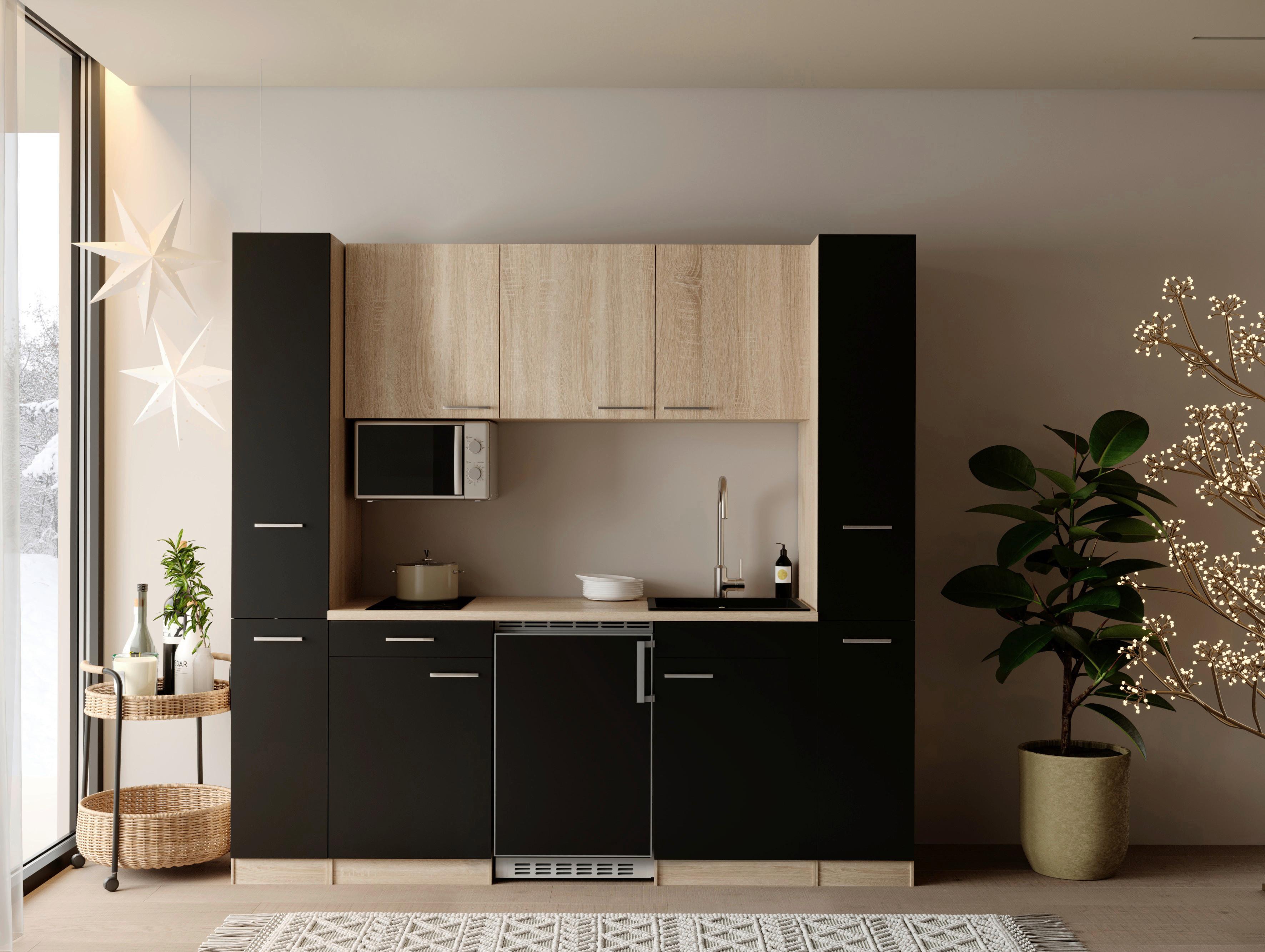 Küchenblock Ingrid m. Geräten Schwarz - Eichefarben/Schwarz, Design, Holzwerkstoff/Kunststoff (210cm) - Respekta