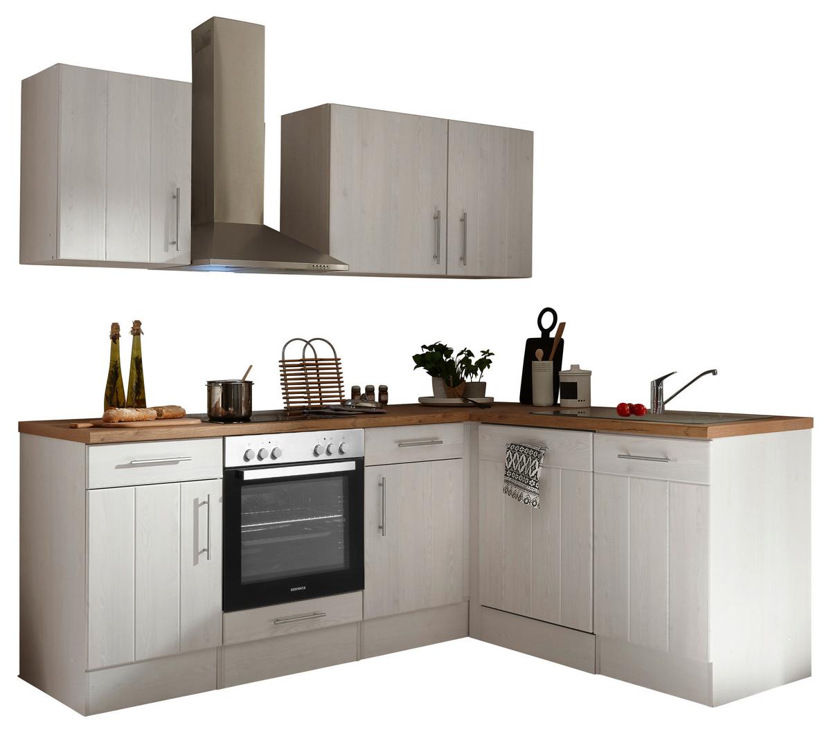 Eckküche Anton Landhaus ohne Geräte ca. 220x172cm Weiß - Wildeiche/Edelstahlfarben, Basics, Holzwerkstoff/Metall (220/172cm) - Respekta