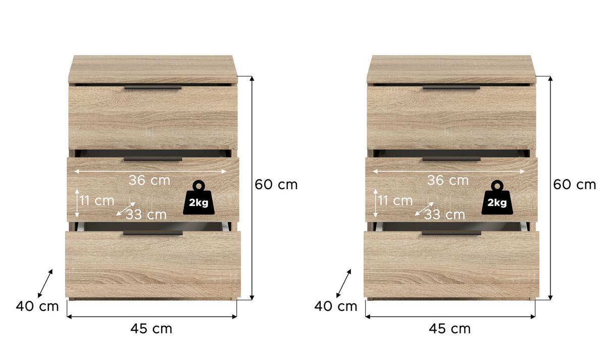 Nachtkästchenset KOPENHAGEN ca.45x60x40cm Sonoma Eiche - Schwarz/Sonoma Eiche, MODERN, Holzwerkstoff/Kunststoff (45/60/40cm) - MID.YOU