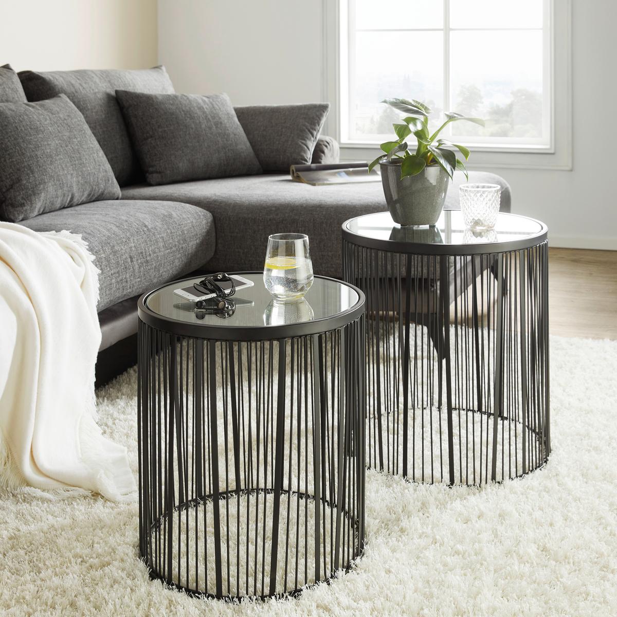 Set de mese auxiliare STICKS - negru, Modern, sticlă/metal (40-45/45-50cm) - Premium Living