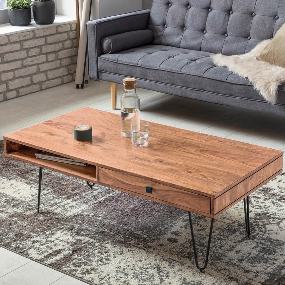 Couchtisch Bagli ca. 110x60 cm Akazie massiv - Schwarz/Akaziefarben, Design, Holz/Metall (110/60/40cm) - MID.YOU