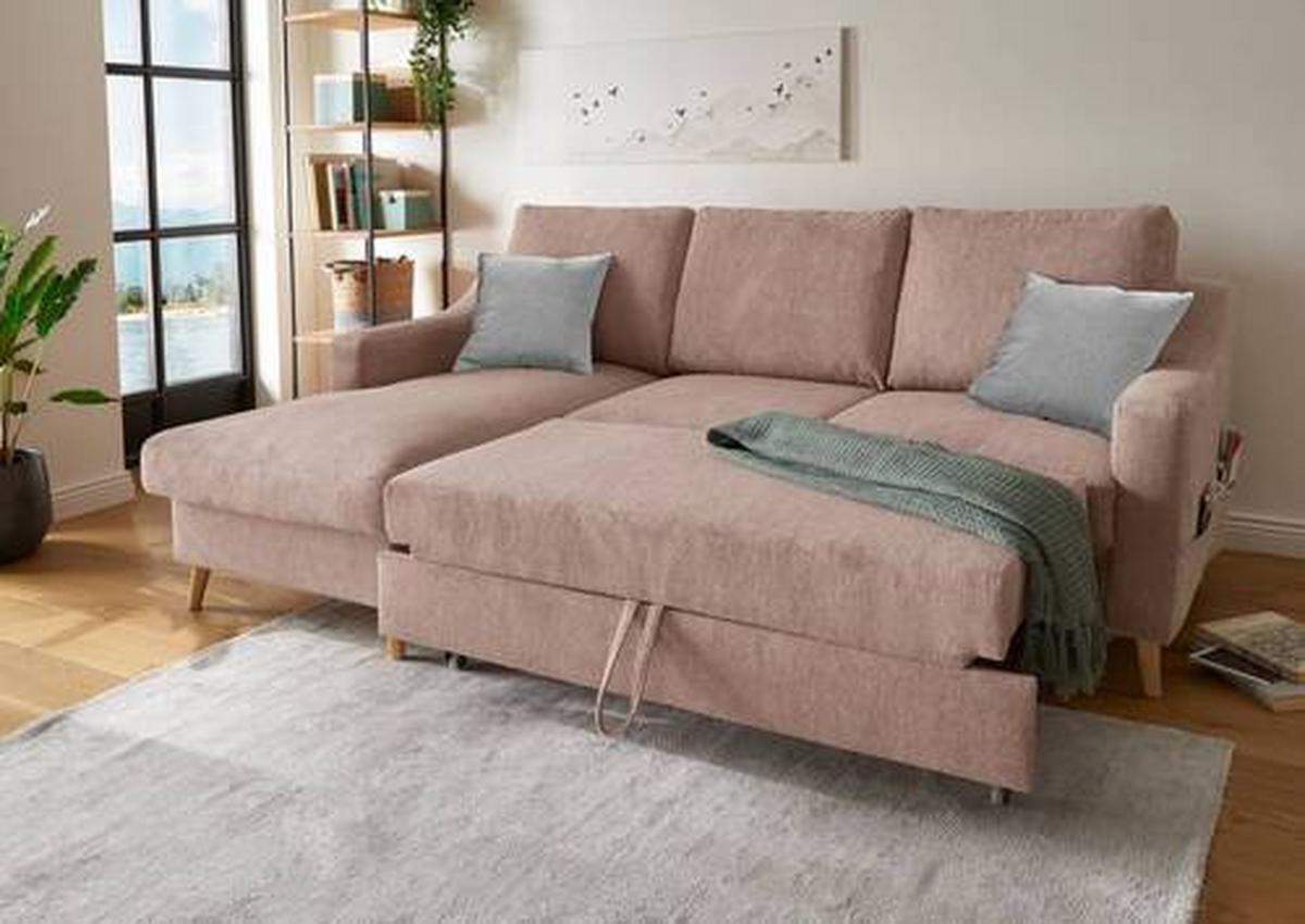 Wohnlandschaft Valentina Dunkelrosa Mikrofaser - Dunkelrosa/Naturfarben, Design, Holz/Textil (150/228cm) - MID.YOU