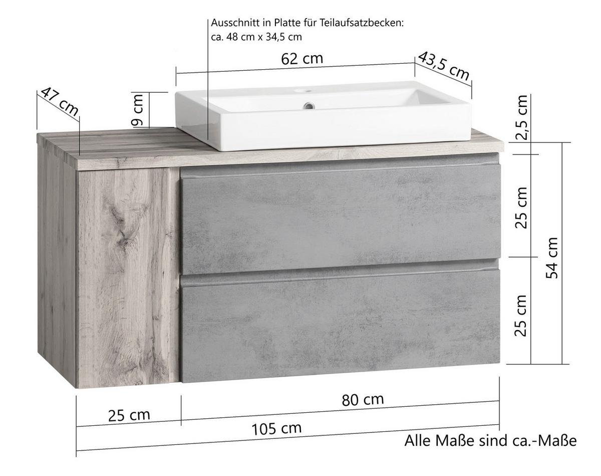 Waschtischkombi Varese ca.105x65,5x47cm Eiche/Grau - Eiche Wotan/Hellgrau, MODERN, Keramik/Holzwerkstoff (105cm) - Held