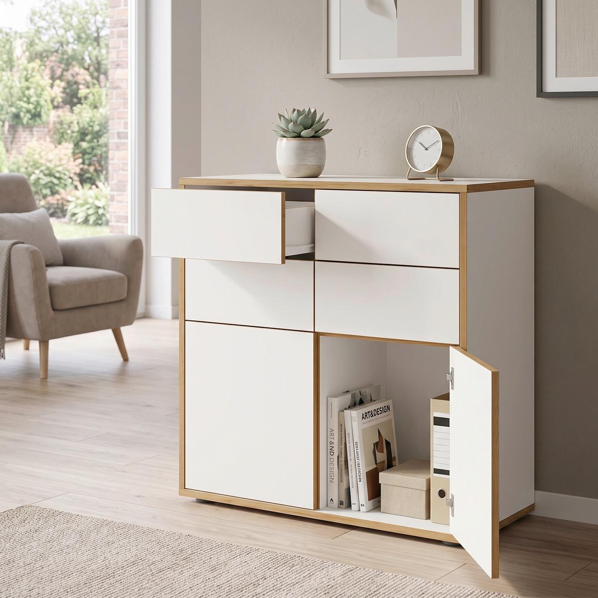 Komoda Salia B100, Bela, Barva Hrasta - črna/bela, Design, umetna masa/leseni material (100/74/33cm) - MID.YOU