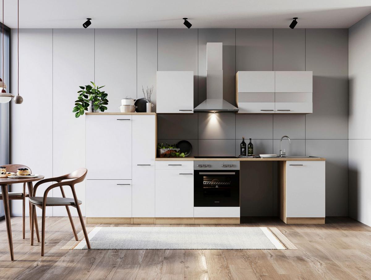 Küchenblock Merle m. Geräten Weiß - Edelstahlfarben/Eichefarben, Basics, Glas/Holzwerkstoff (310cm) - Respekta