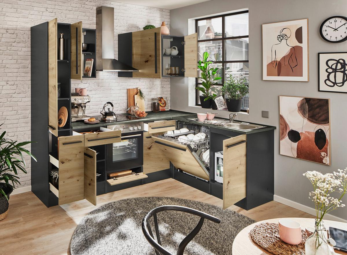 Eckküche Jazz mit Geräten ca.250x175cm Eiche/Anthrazit - Anthrazit/Schwarz, LIFESTYLE, Holzwerkstoff/Kunststoff (250/175cm) - P & B