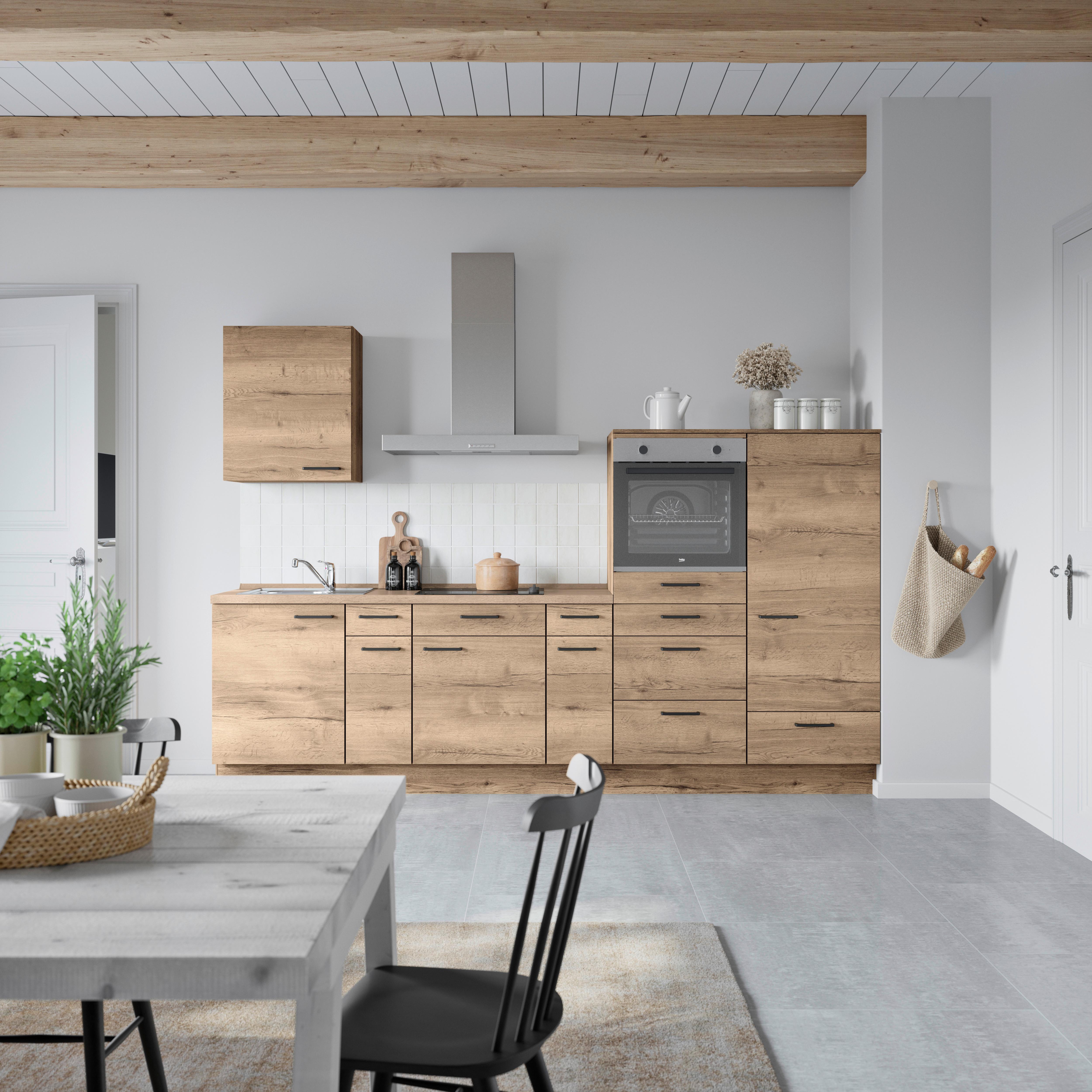 Küchenblock Structura Low m. Geräten Eiche dunkel - Eiche dunkel/Eichefarben, MODERN, Holzwerkstoff/Metall (300cm) - Nobilia