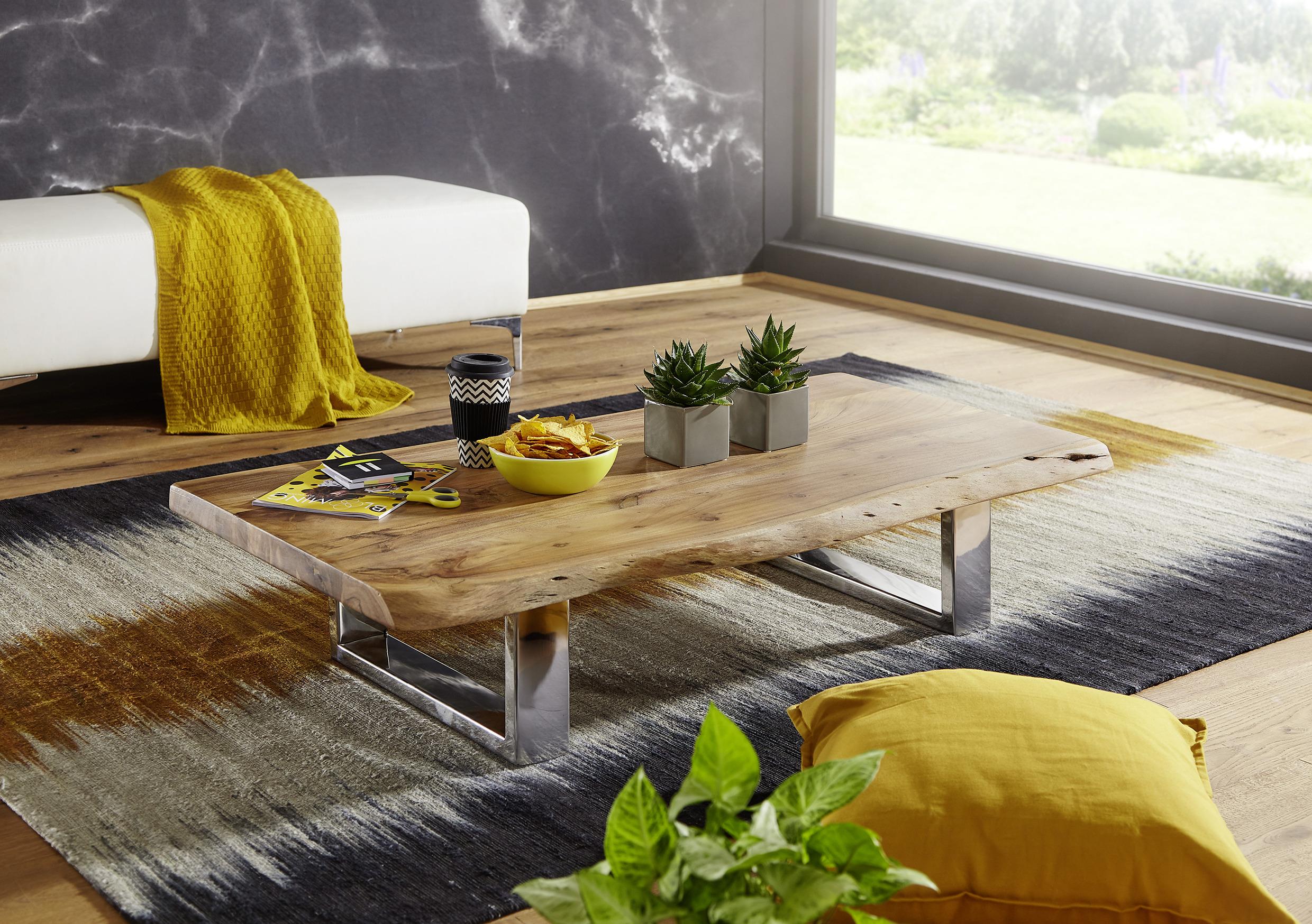Couchtisch "Asura" , ca. 115x58 cm, aus Akazie - Chromfarben/Akaziefarben, Design, Holz/Metall (115/58/25cm) - MID.YOU