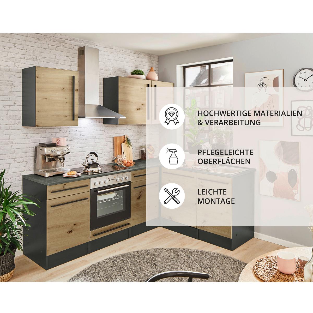 Eckküche Jazz mit Geräten ca.220x175cm Eiche/Anthrazit - Anthrazit/Schwarz, LIFESTYLE, Holzwerkstoff/Kunststoff (220/175cm) - P & B