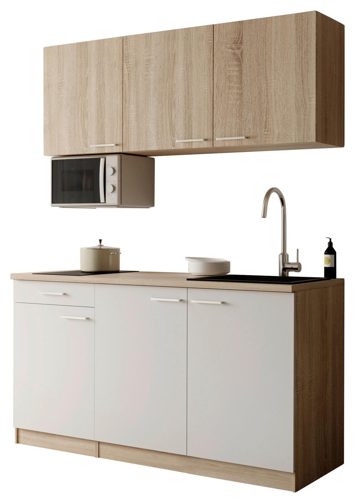 Miniküche Ingrid m. Geräten ca. 150cm Weiß - Eichefarben/Alufarben, Design, Holzwerkstoff/Kunststoff (150cm) - Respekta