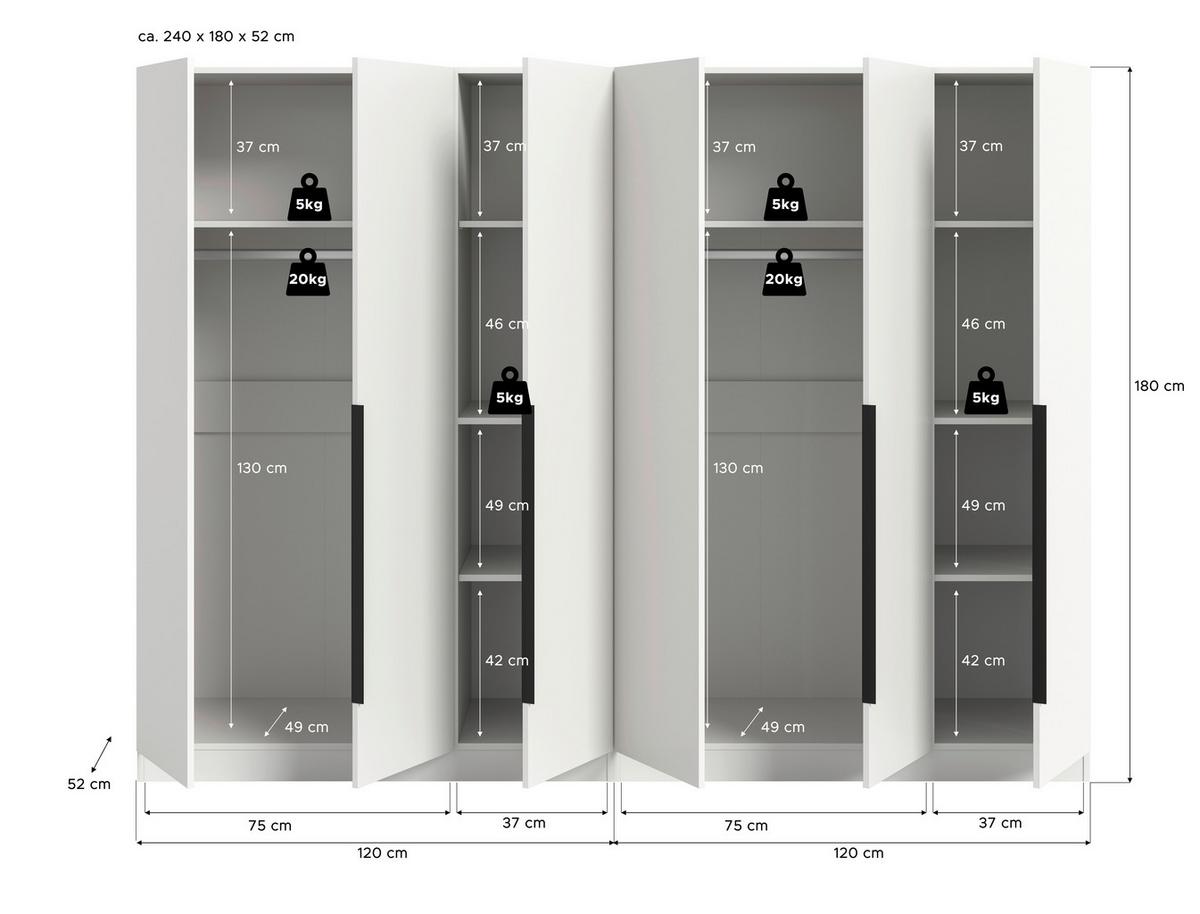 Drehtürenschrank KOPENHAGEN ca.240x181x52cm Weiß - Schwarz/Weiß, MODERN, Holzwerkstoff (240/181/52cm) - MID.YOU