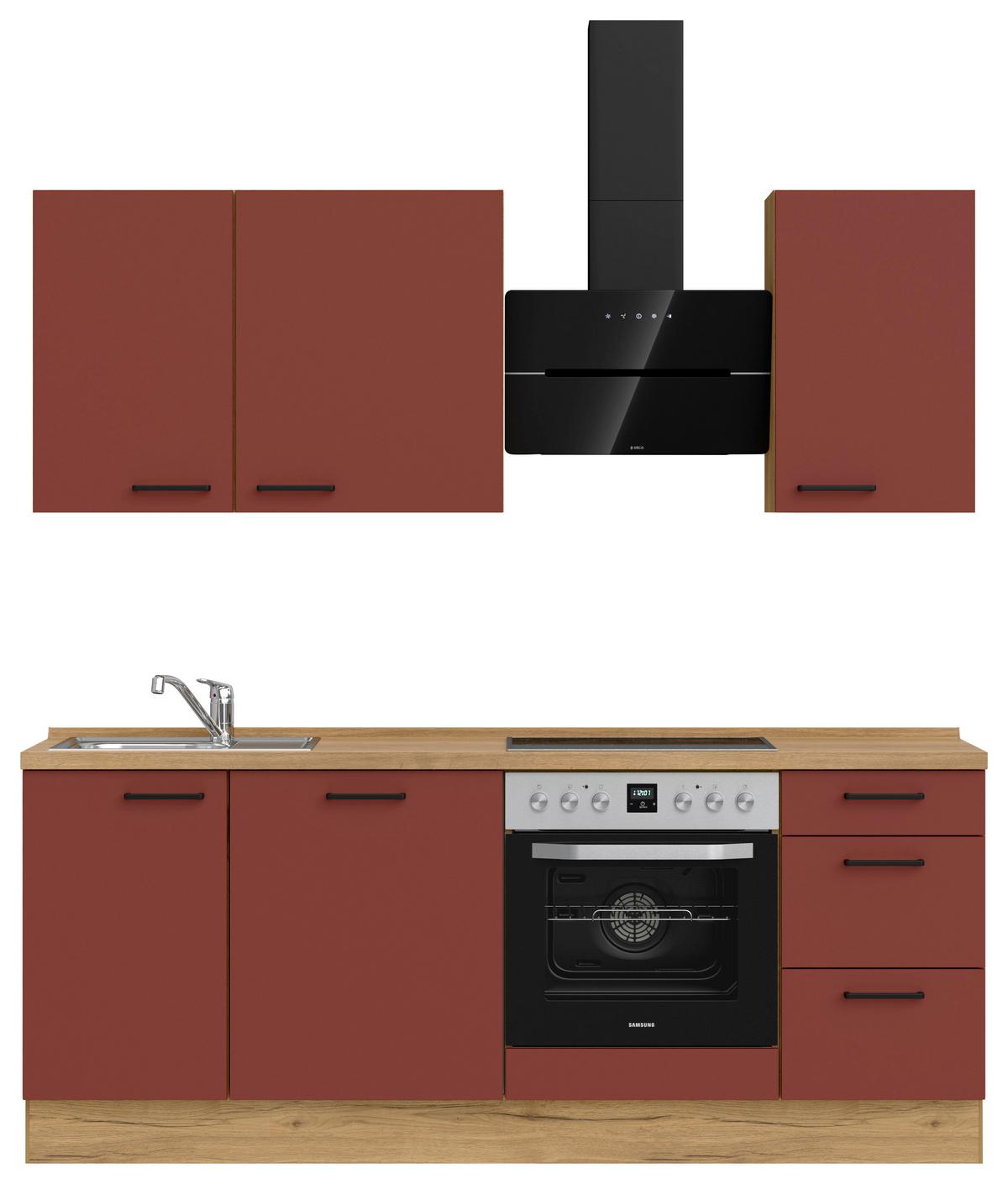 Küchenblock Easytouch High m. Geräten Dunkelrot - Eichefarben/Schwarz, MODERN, Holzwerkstoff/Metall (210cm) - Nobilia