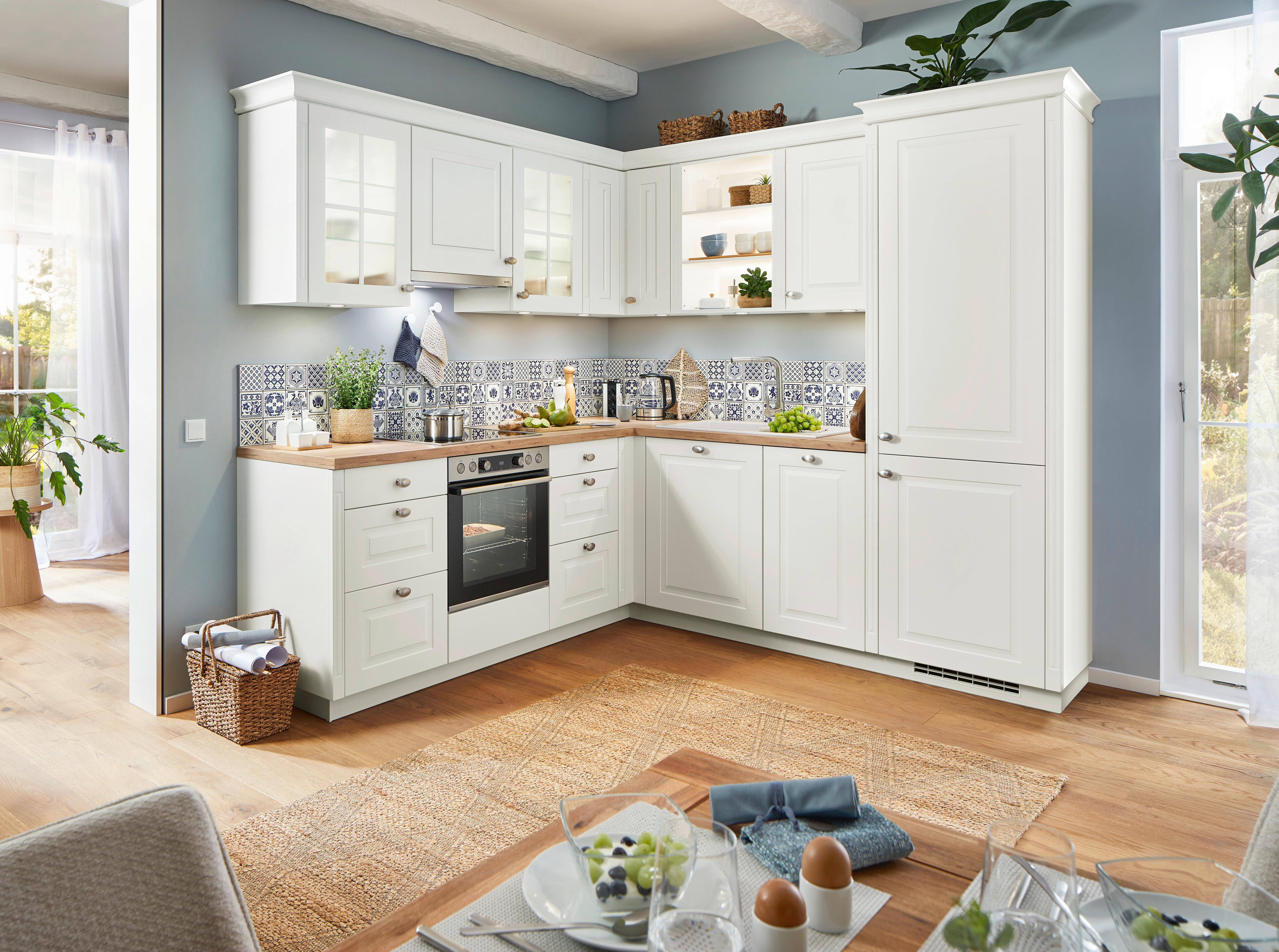 Einbauküche Sylt Alpinweiss ohne Geräte, ohne Zubehör - Edelstahlfarben/Eichefarben, ROMANTIK / LANDHAUS, Metall (235/235cm) - Nobilia