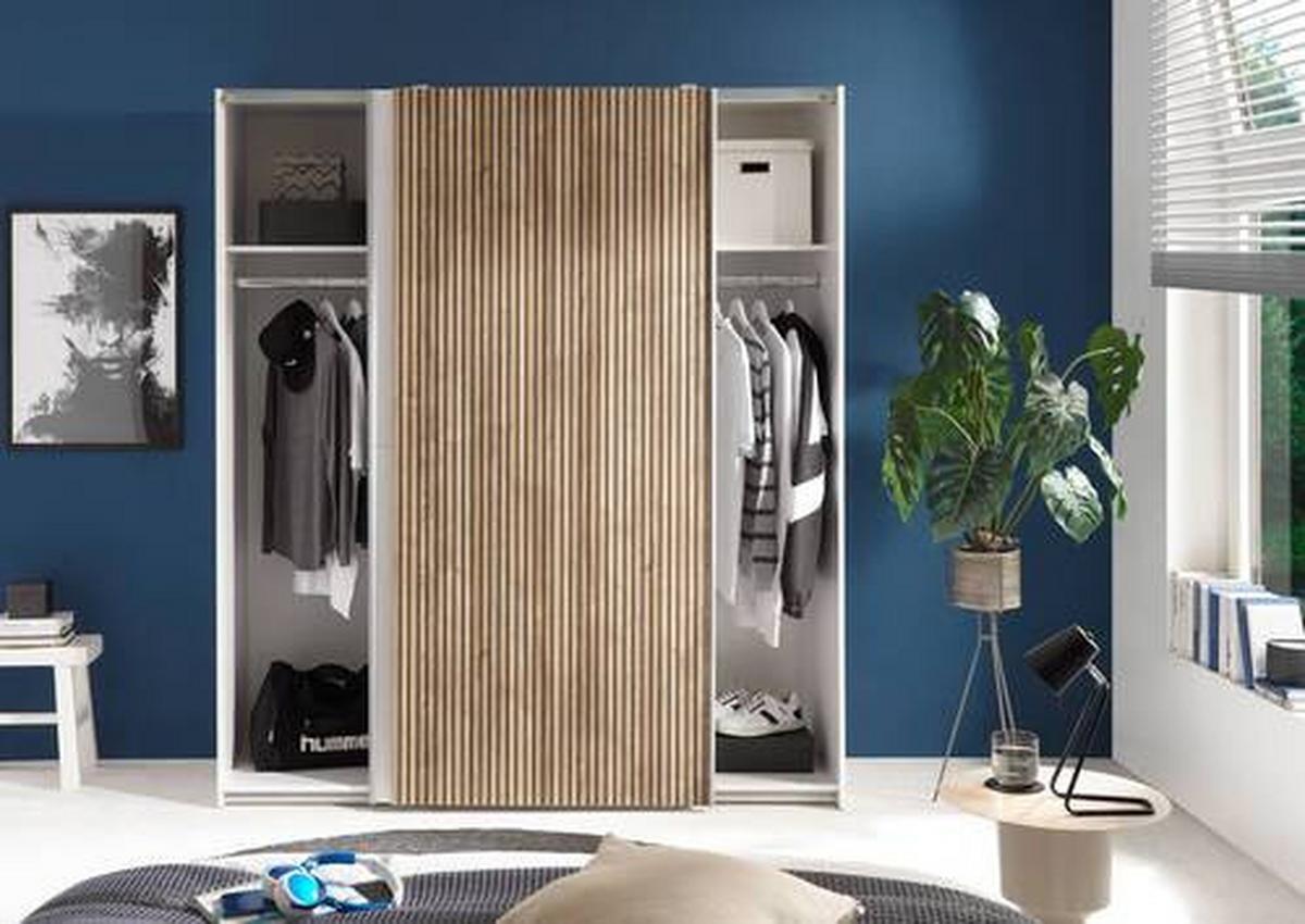 Omara Z Drsnimi Vrati Berno, Bela, Barva Hrasta - barve hrasta/bela, Moderno, kovina/leseni material (170/196/57cm) - MID.YOU