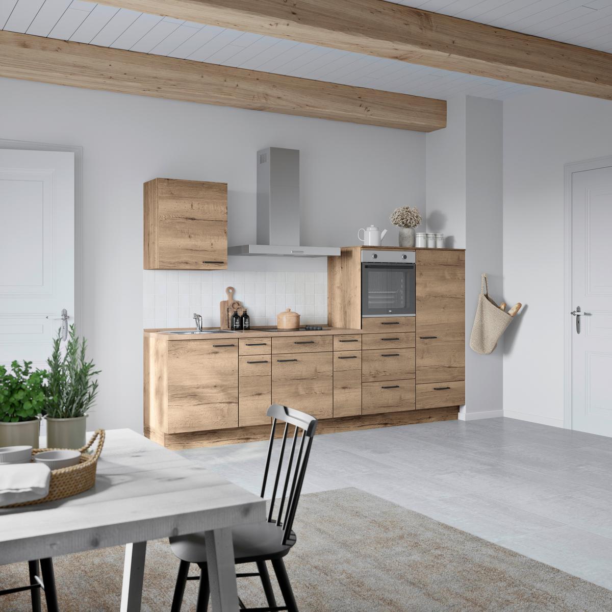 Küchenblock Structura Low m. Geräten Eiche dunkel - Eiche dunkel/Eichefarben, MODERN, Holzwerkstoff/Metall (300cm) - Nobilia