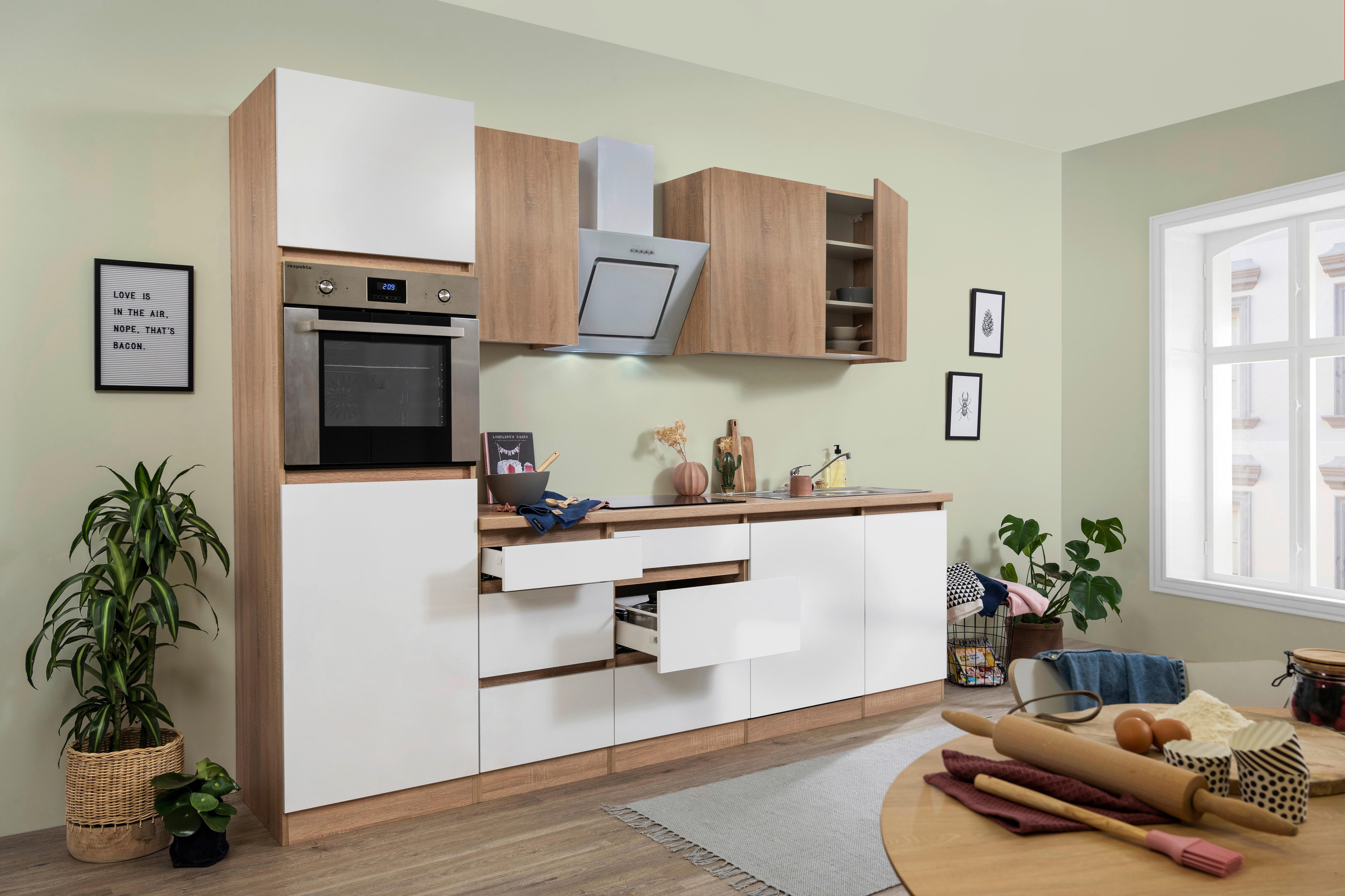 Küchenzeile Premium m. Geräte Weiß/Eiche Dekor B: ca. 280 cm - Eichefarben/Weiß Hochglanz, Basics, Holzwerkstoff (280cm) - Respekta