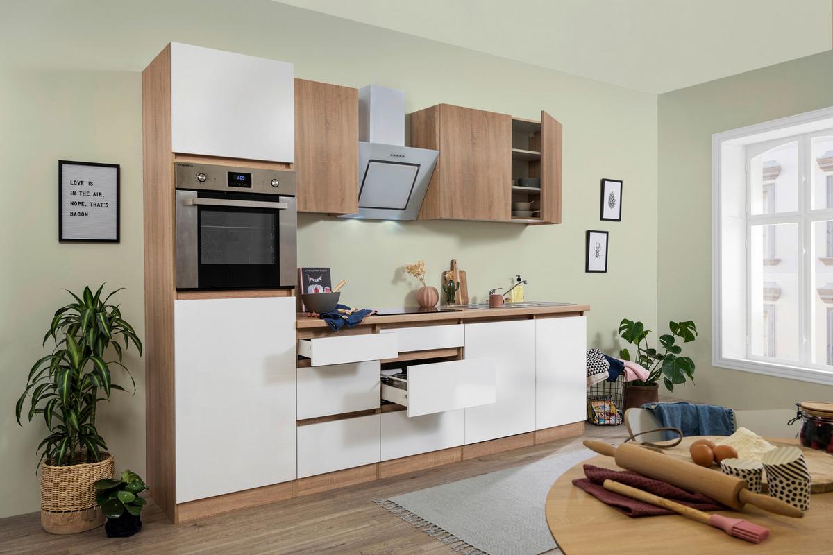 Küchenzeile Premium m. Geräte Weiß/Eiche Dekor B: ca. 280 cm - Eichefarben/Weiß Hochglanz, Basics, Holzwerkstoff (280cm) - Respekta