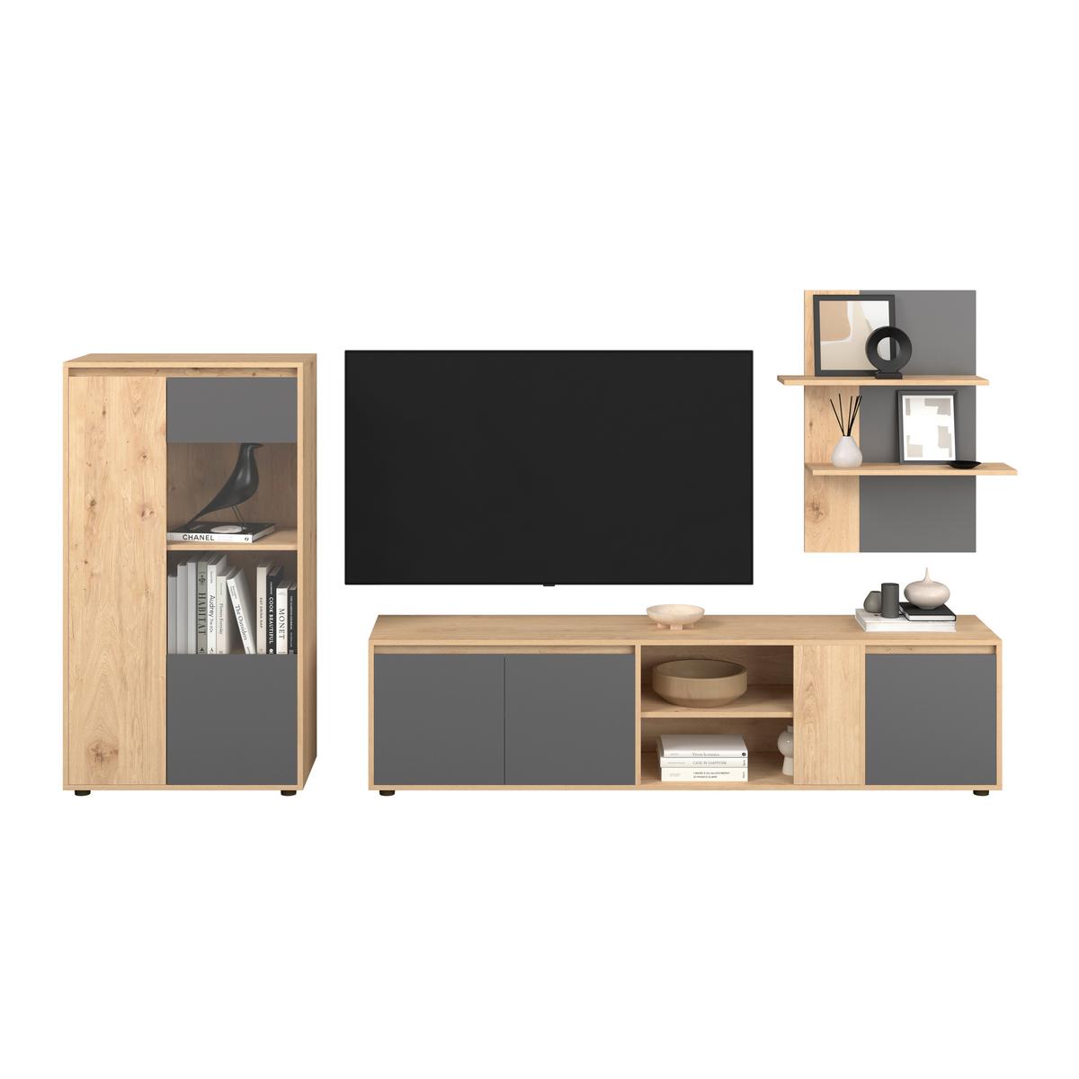 Ansamblu mobilier camera de zi CANEVA - stejar Artisan/antracit, Modern, sticlă/material pe bază de lemn (268/134/40,3cm) - Modern Living