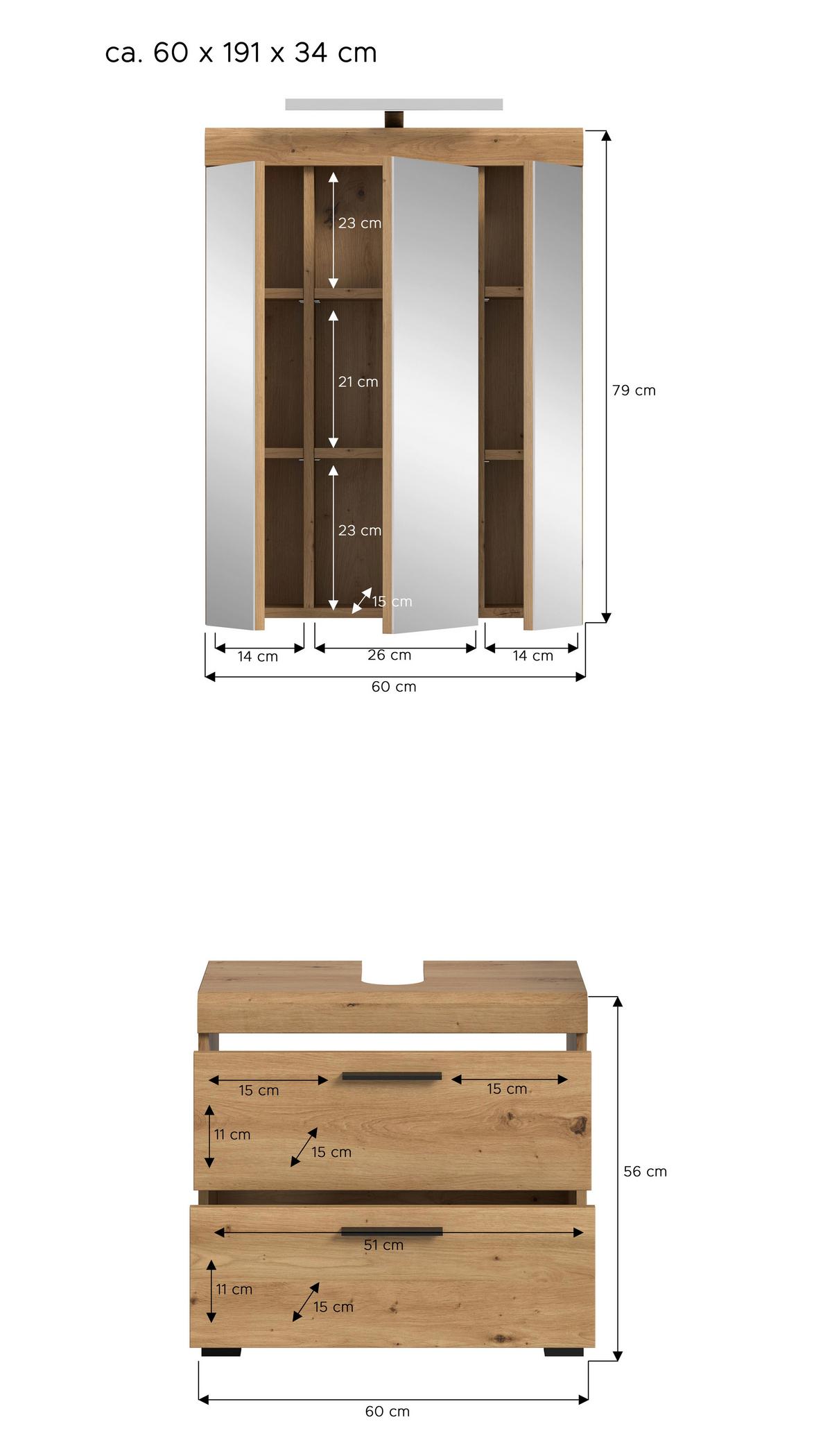 Badezimmer Scout Eiche Artisan 2-teilig - Schwarz/Eiche Artisan, Trend, Glas/Holzwerkstoff (60cm) - MID.YOU