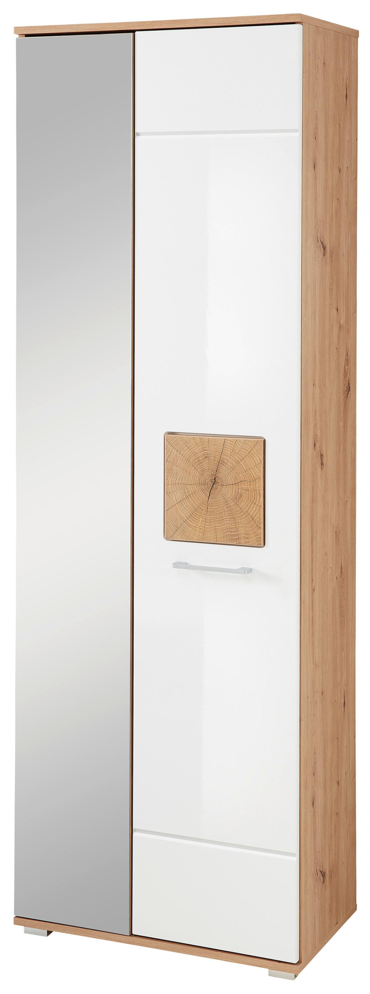 Garderobenschrank in Eiche/Weiss Hochglanz - Weiss Hochglanz/Chromfarben, Modern, Glas/Holzwerkstoff (65/195/38cm) - Mömax