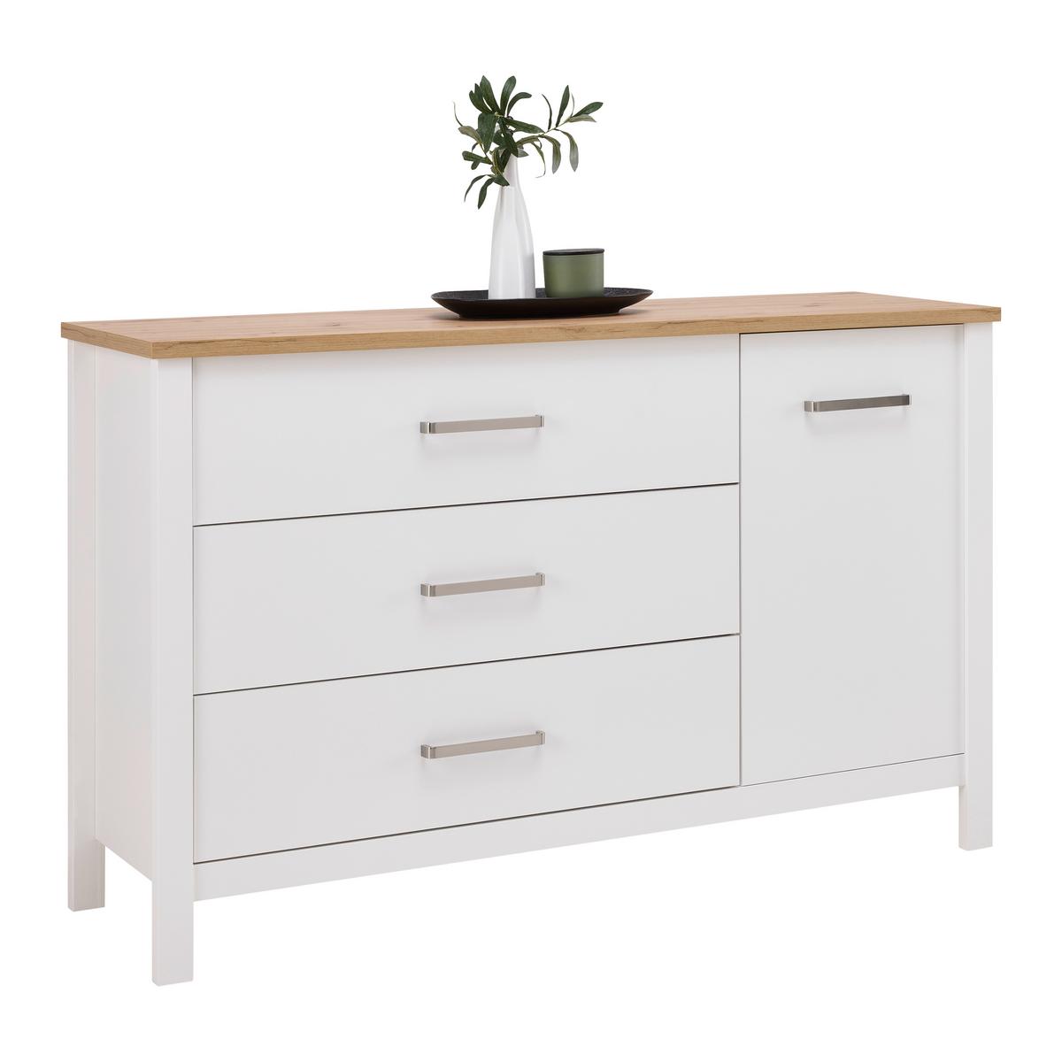 Sideboard Sicilia Weiß/Eiche - Silberfarben/Weiß, ROMANTIK / LANDHAUS, Holzwerkstoff/Metall (148/92/45cm) - Mömax