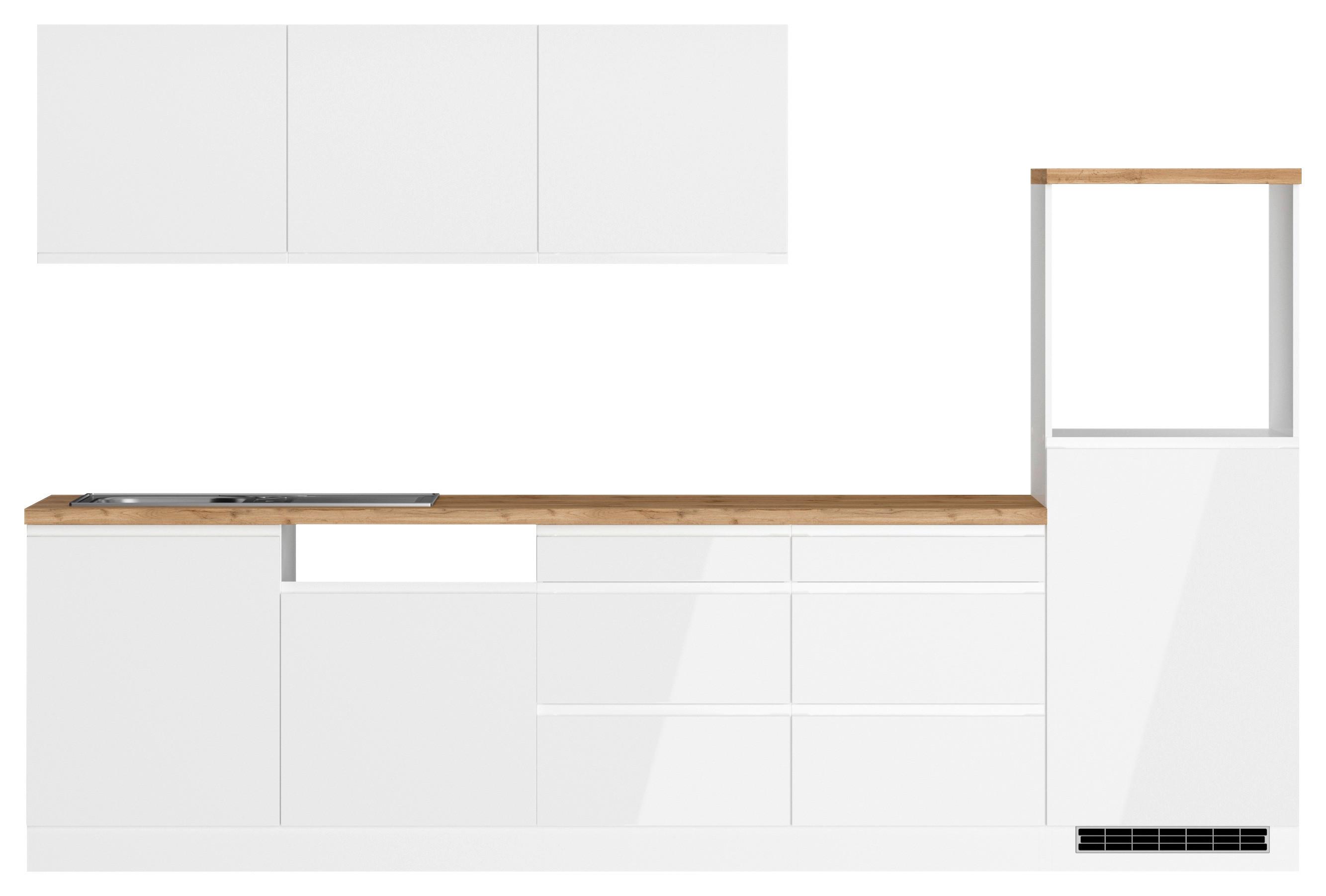 Küchenzeile Monza ohne Geräte ca. 300 cm Weiß/Eiche + Spüle - Weiß Hochglanz/Eiche Wotan, LIFESTYLE, Holzwerkstoff (300cm) - Held