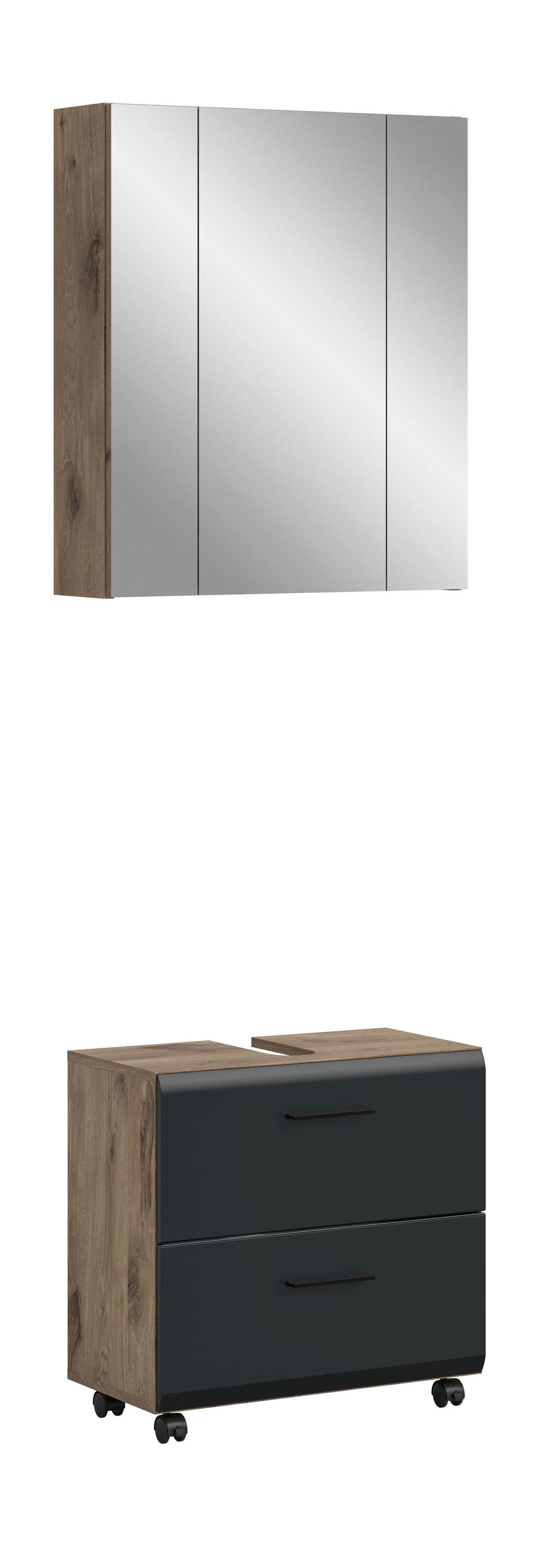 Badezimmer Ice Schwarz/Eiche dunkel 2-teilig - Eiche dunkel/Schwarz, Trend, Glas/Holzwerkstoff (60cm) - MID.YOU
