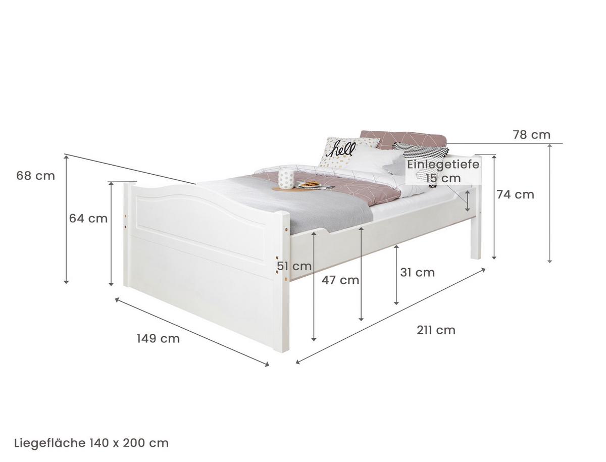 Raztegljiva Postelja Leni, Bor, Bela, Masivno - bela, Moderno, les (140/200cm) - MID.YOU