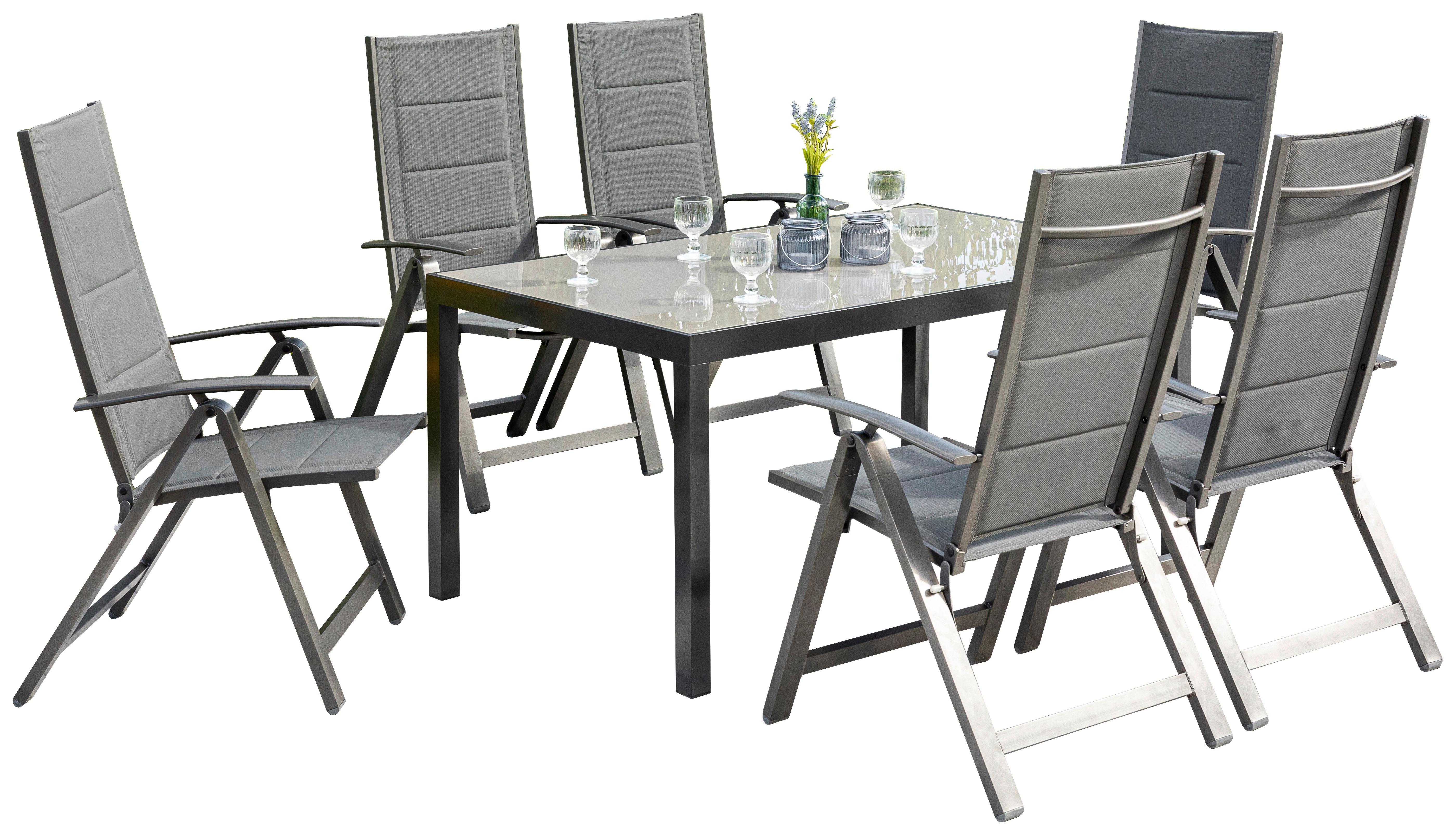 Gartenmöbel Set 7-tlg. Florenz aus Aluminium - Dunkelgrau/Graphitfarben, KONVENTIONELL, Glas/Textil - Gardenson